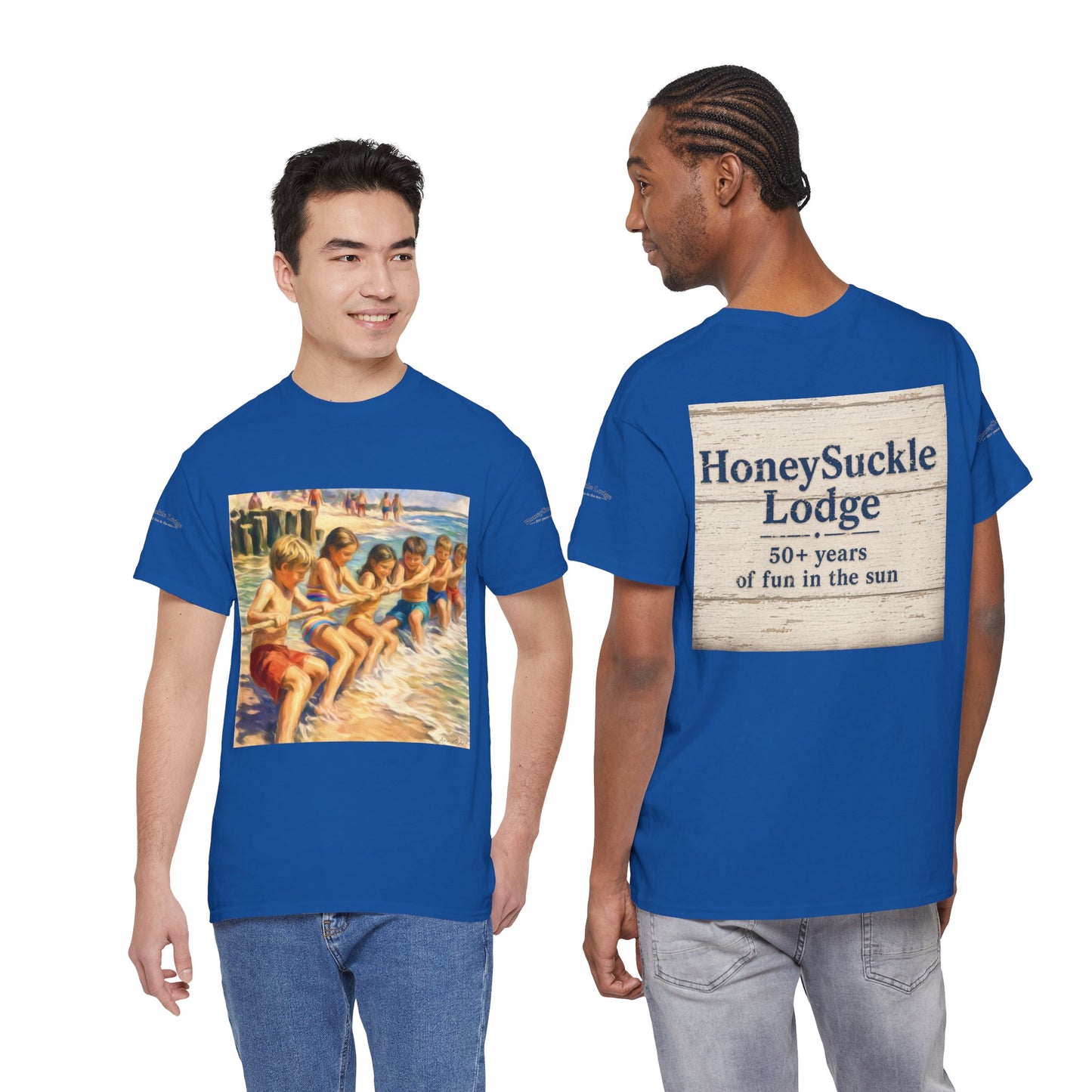 Honeysuckle Lodge Vintage Beach Print tee shirt front/back ("Honeysuckle Lodge - 50+ years of fun in the sun")