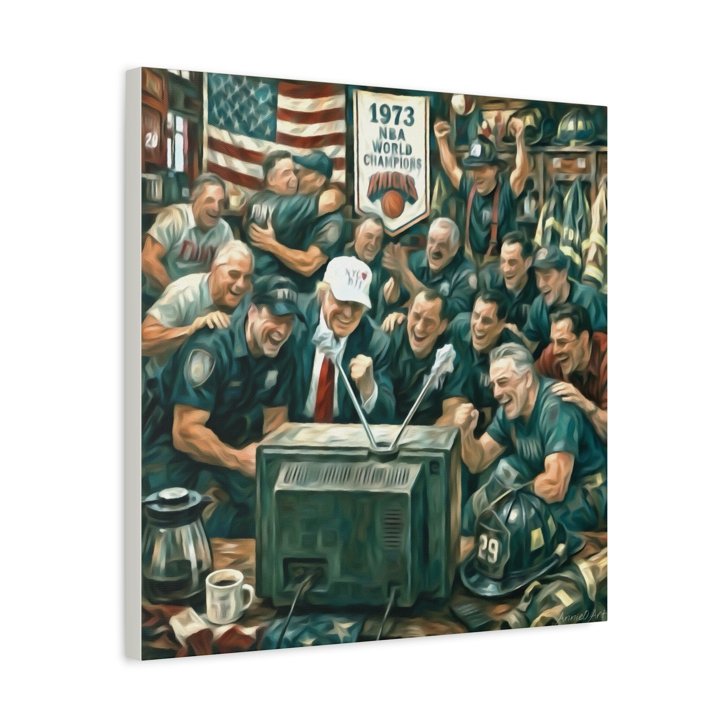 Trump Watching Knicks Game w/ FDNY &NYPD (Knicks 1973 Banner)