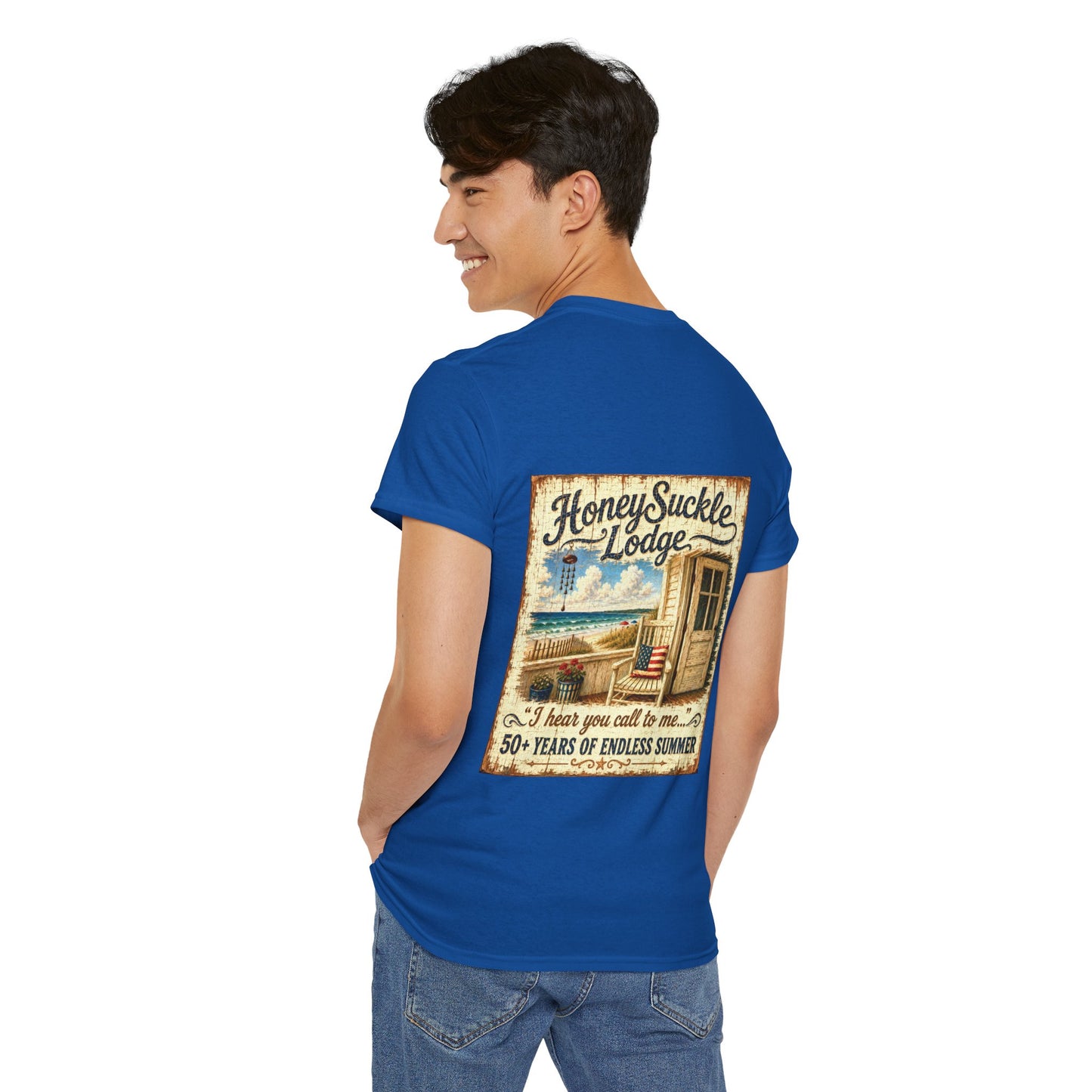 Vintage Beach T‑Shirt — 'Honeysuckle Lodge: 50+ Years of Endless Summer' Retro Seaside Tee