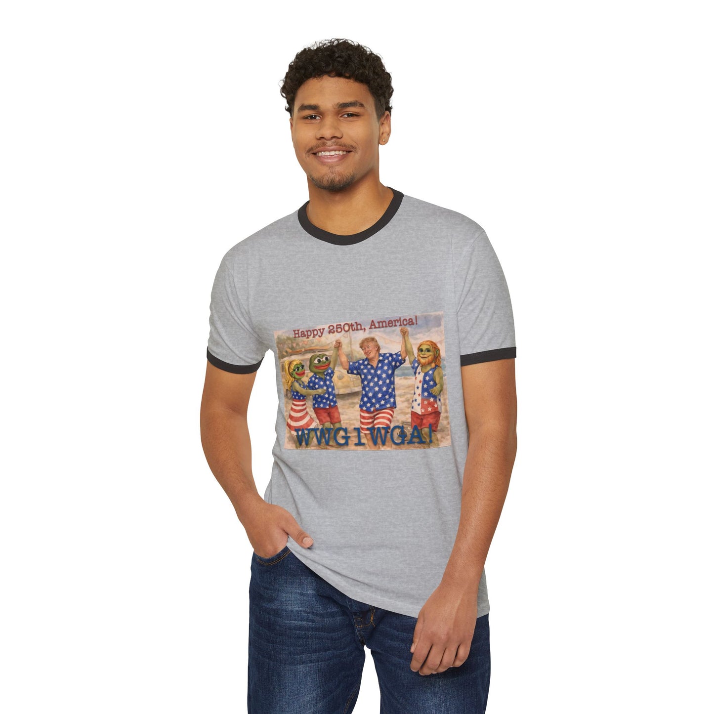 Patriotic Ringer T-Shirt — "Happy 250th, America!" WWG1WGA Graphic
