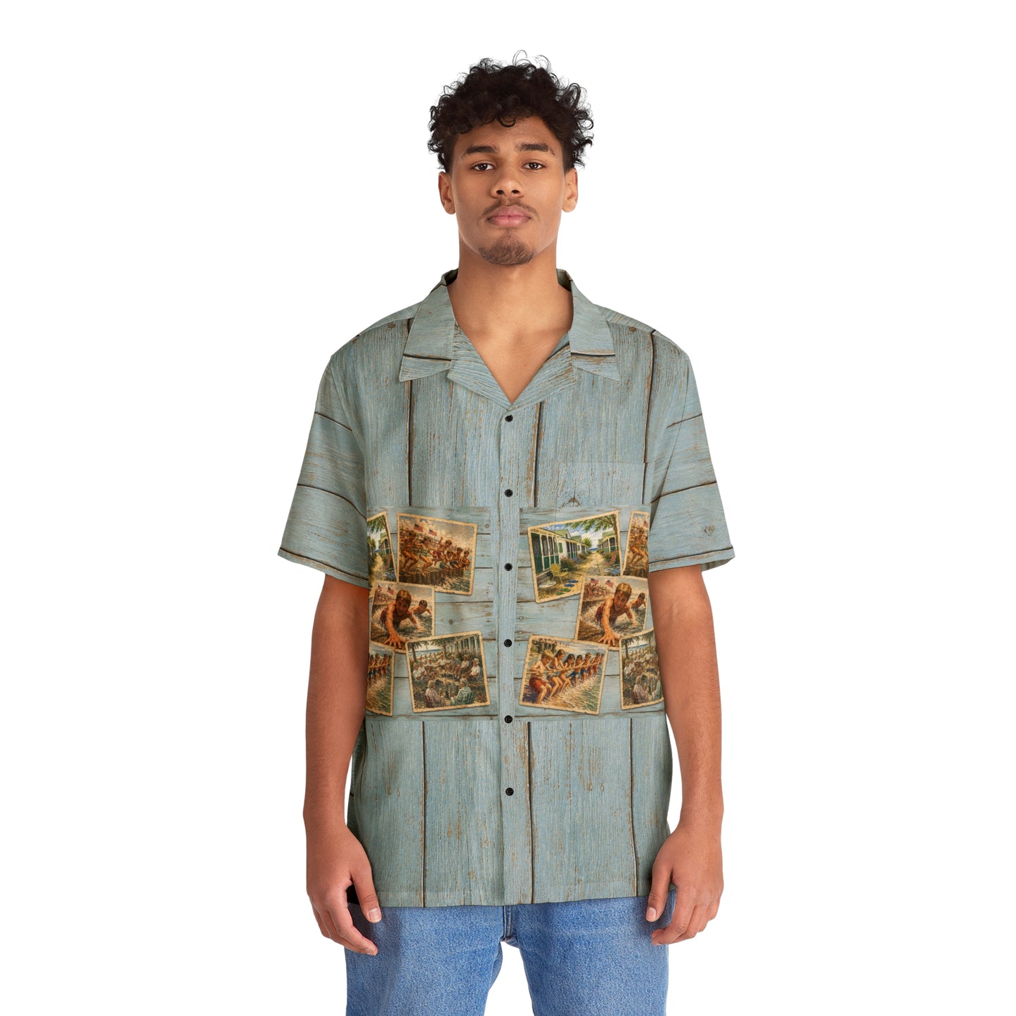 “NYC KID- Born in the City- Raised on the Beach” -Vintage Coastal Wood Plank Hawaiian Shirt