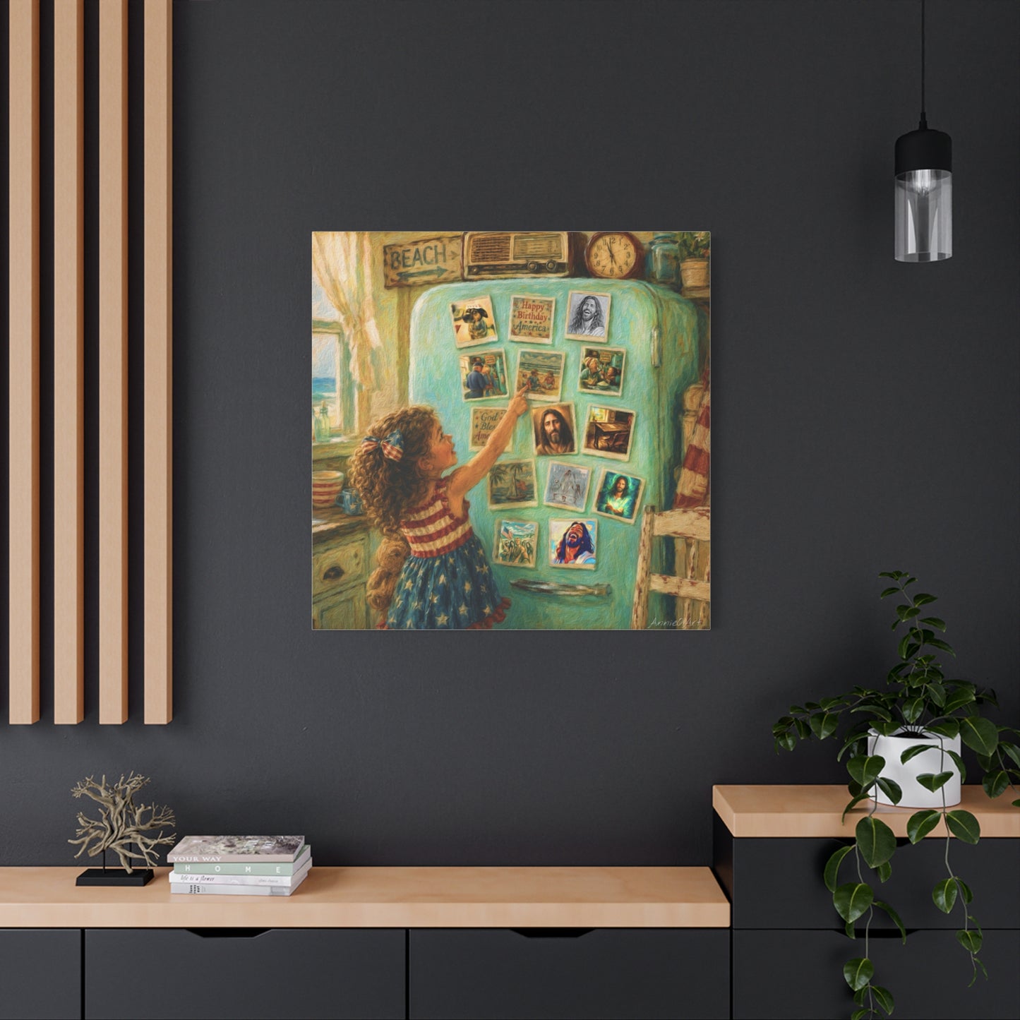 Americana Canvas Wall Art — Little Girl Pointing at Magnets on Vintage Fridge (Matte Stretched)