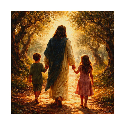Jesus Walking with Children Watercolor Poster — Textured Matte Wall Art