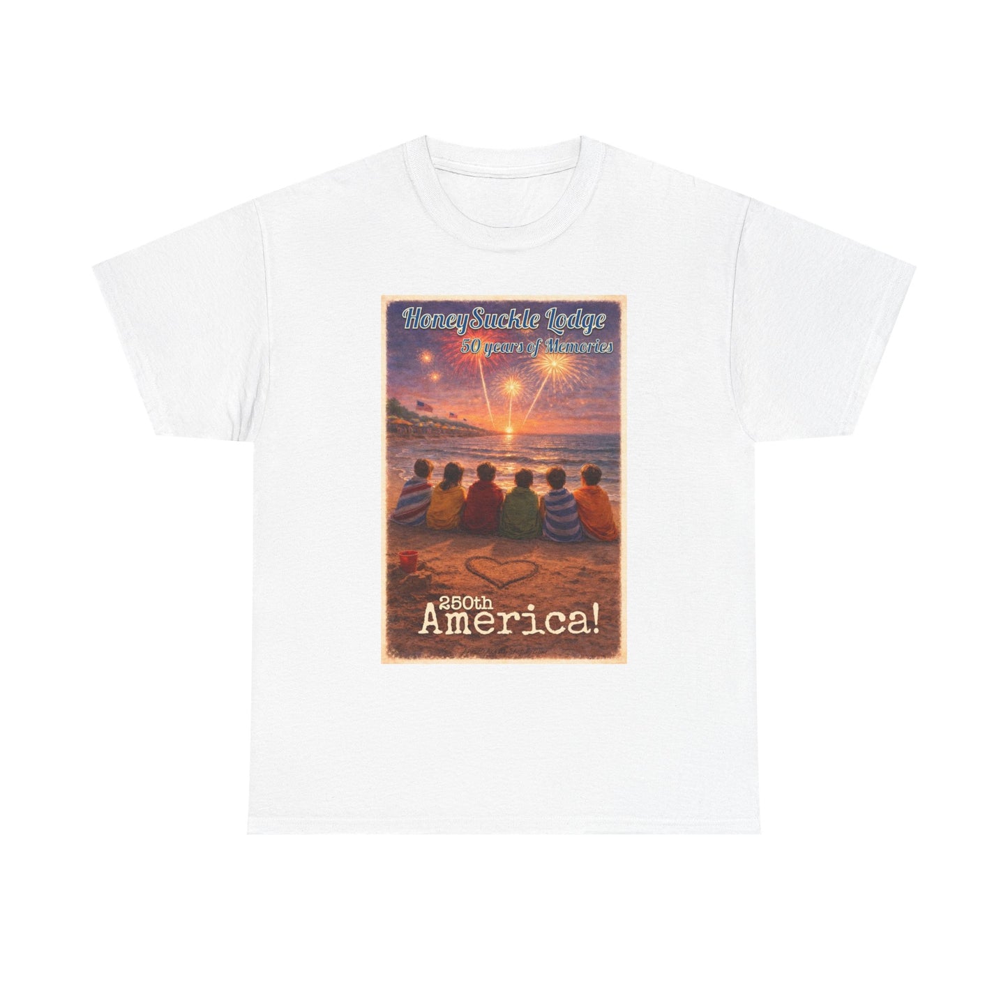 HoneySuckle Lodge 50th—Patriotic Sunset Beach T‑Shirt – 'God Bless America' Vintage Kids Watching Fireworks