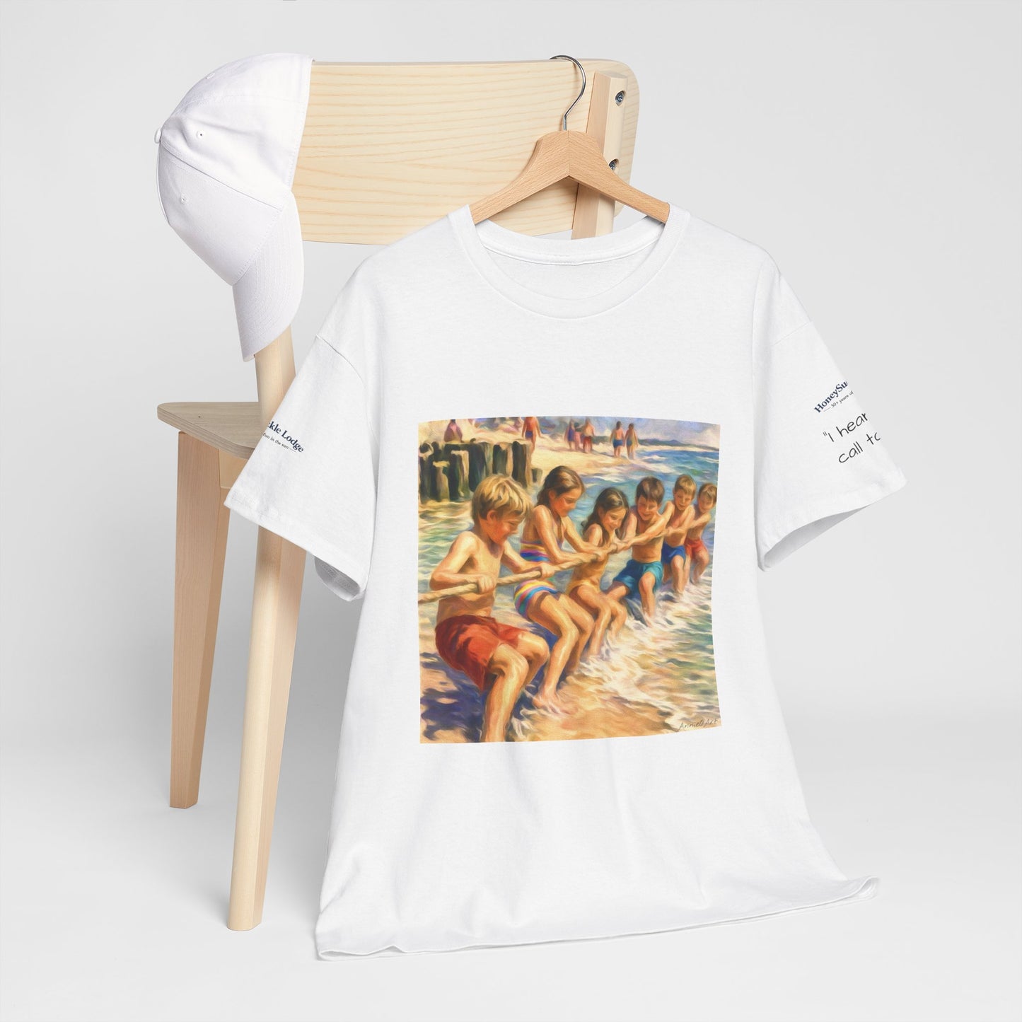 HoneySuckle Lodge Vintage Beach T-Shirt — "50+ years of fun in the sun" Retro Kids on Shore Design
