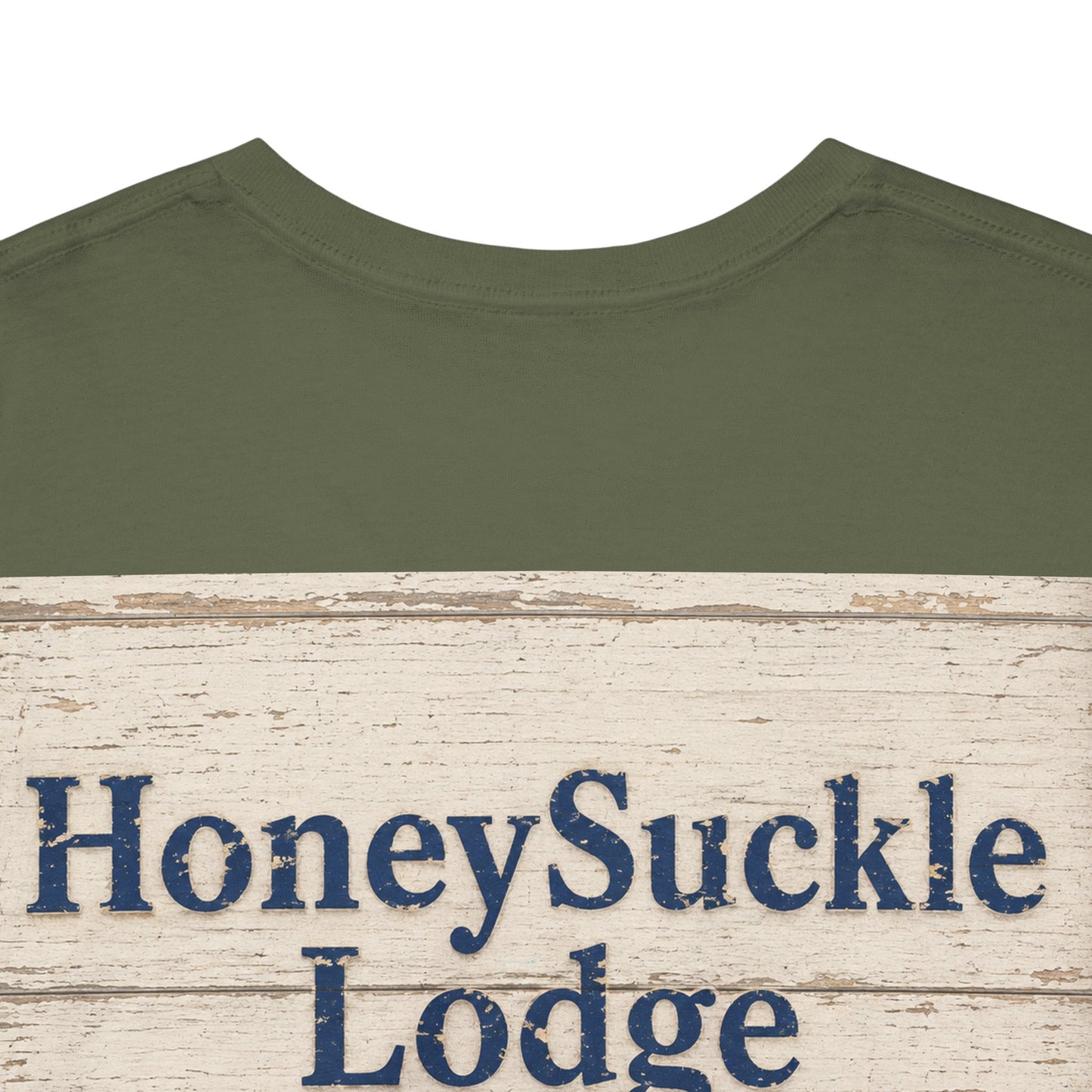 Honeysuckle Lodge Vintage Beach Print tee shirt front/back ("Honeysuckle Lodge - 50+ years of fun in the sun")