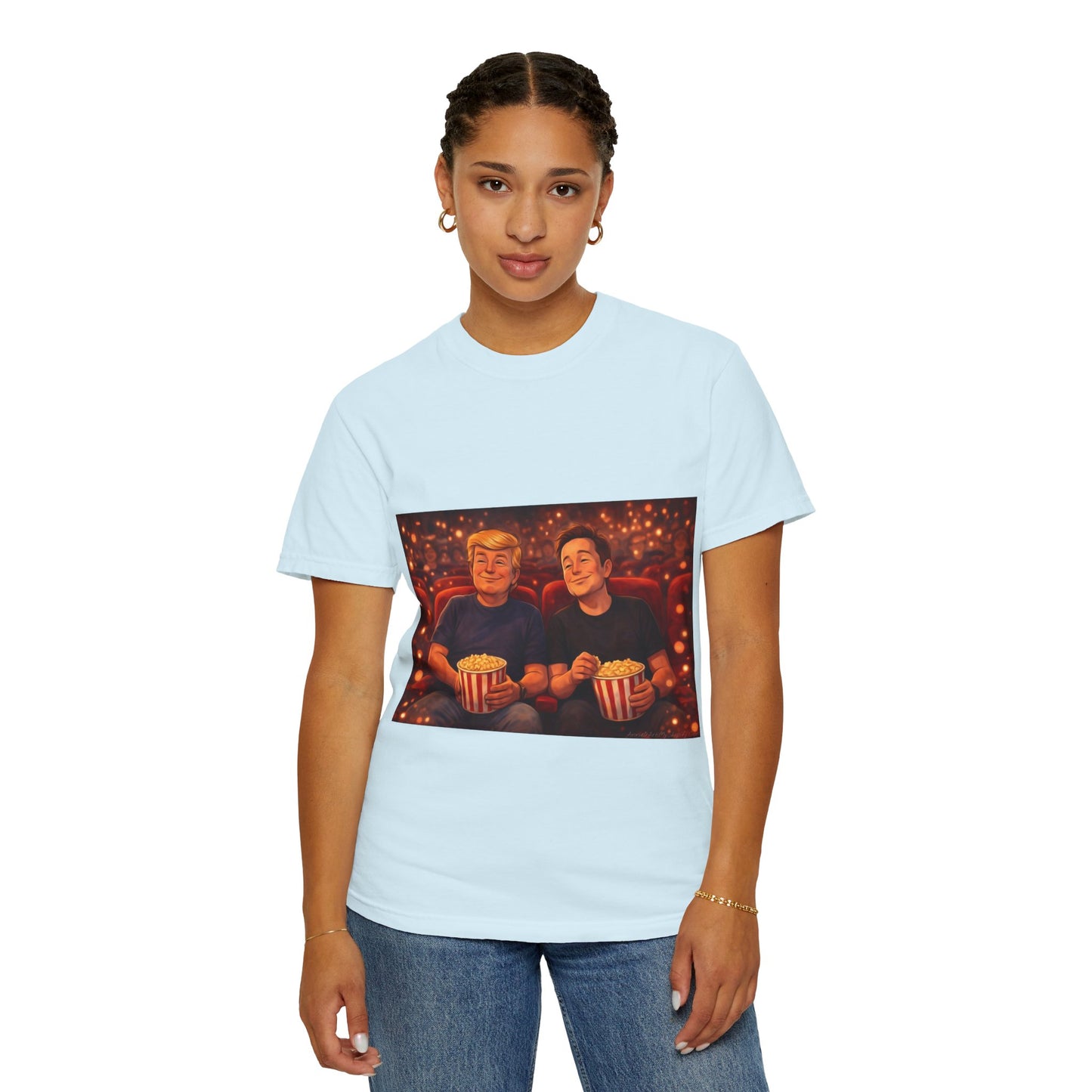 Trump & Elon—Movie Night Popcorn Tee — Cozy Cinematic Graphic T-Shirt