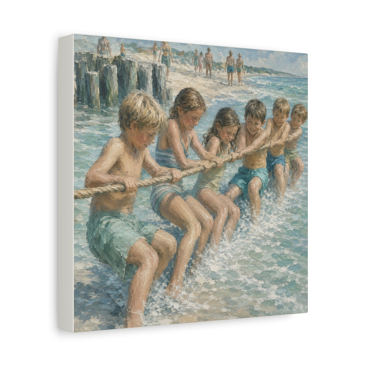 Beach Tug-of-War Matte Canvas Print — Vintage Seaside Children Wall Art