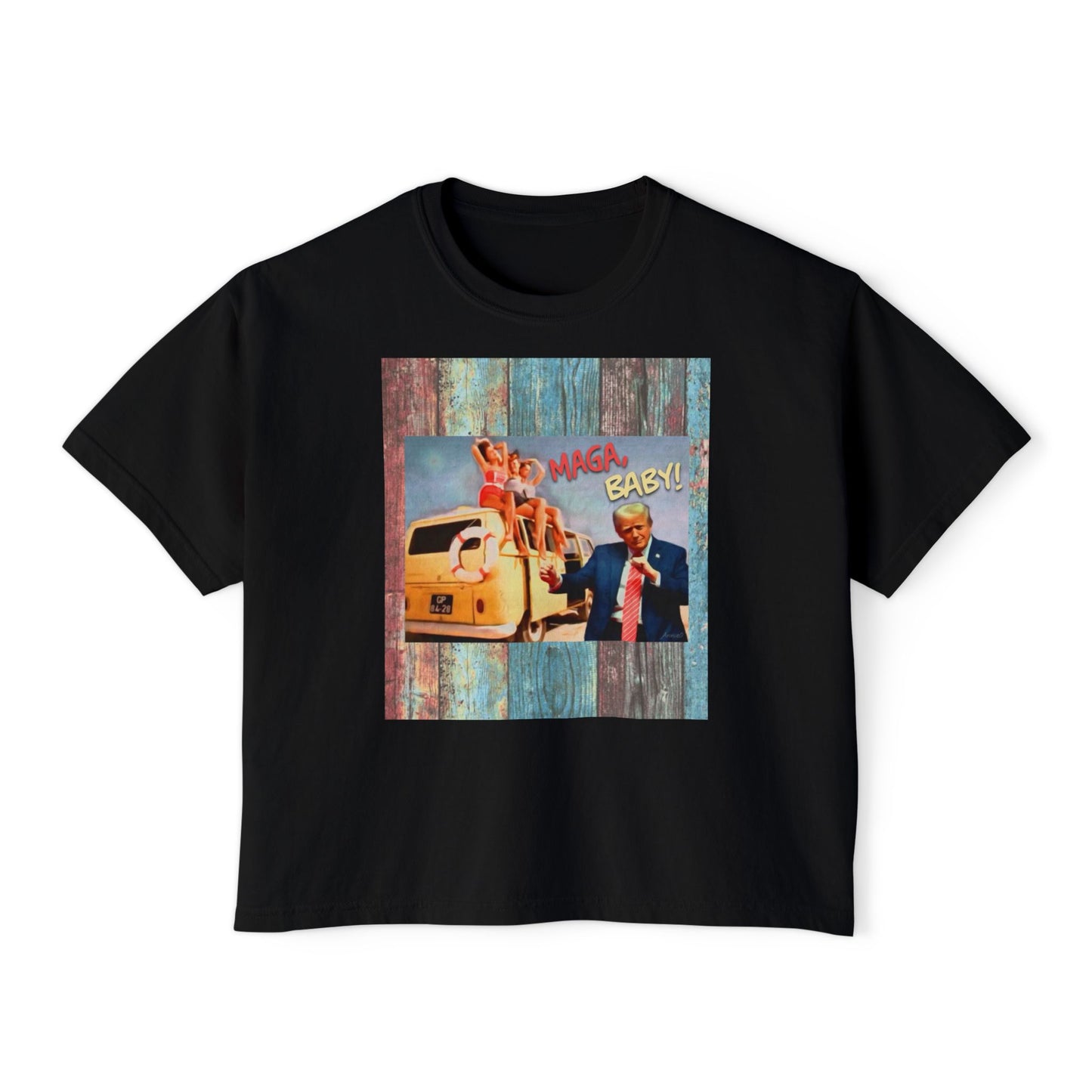 Beach scene w DJT dancing Retro VW van “MAGA, baby!” —Graphic Boxy Tee — Vintage Roadtrip/Rally tee Women's Shirt