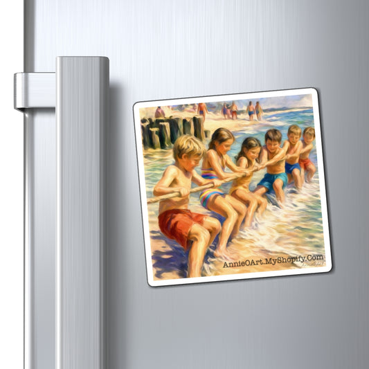 Beach Tug-of-War Magnet — Vintage Kids Playing at Shore Fridge Magnet