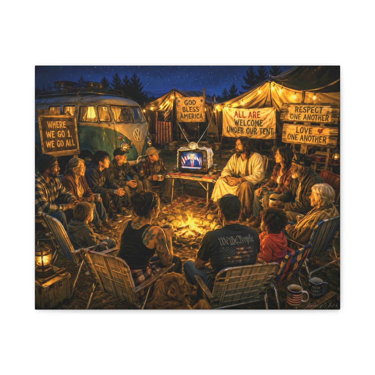 God Bless America—Campfire Fellowship Canvas Wall Art — 'All Are Welcome' Rustic Gathering Scene—MAGA—WWG1WGA