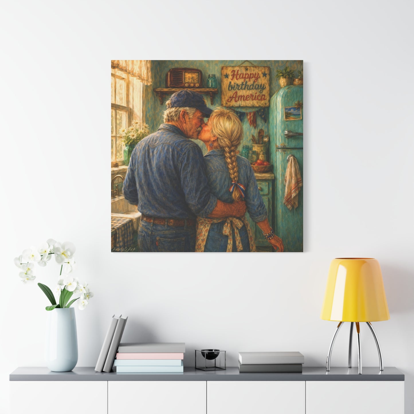 Patriotic Country Kitchen Canvas - "Happy Birthday America" Rustic Couple Wall Art