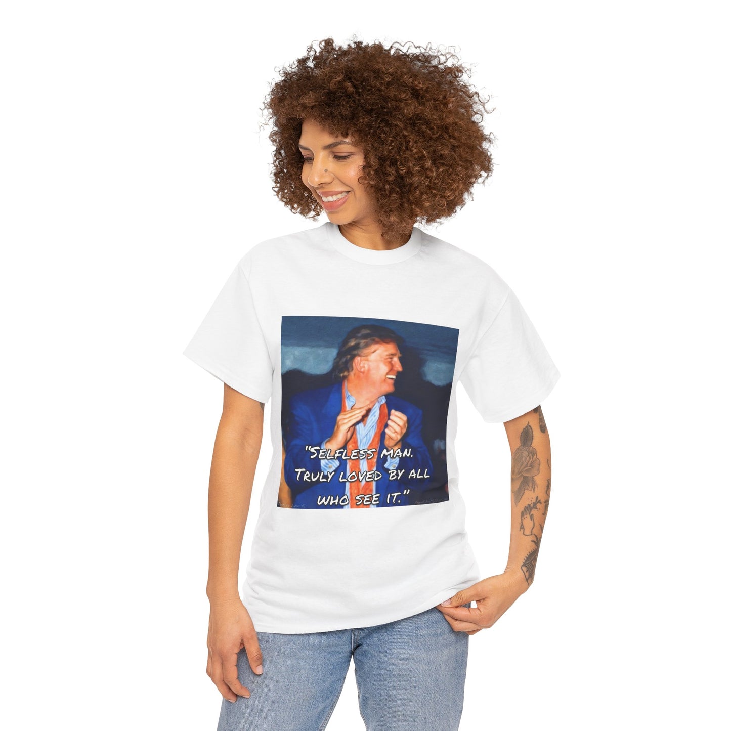 Vintage Portrait Tee with Quote – “Selfless Man, Truly Loved by All Who See It”