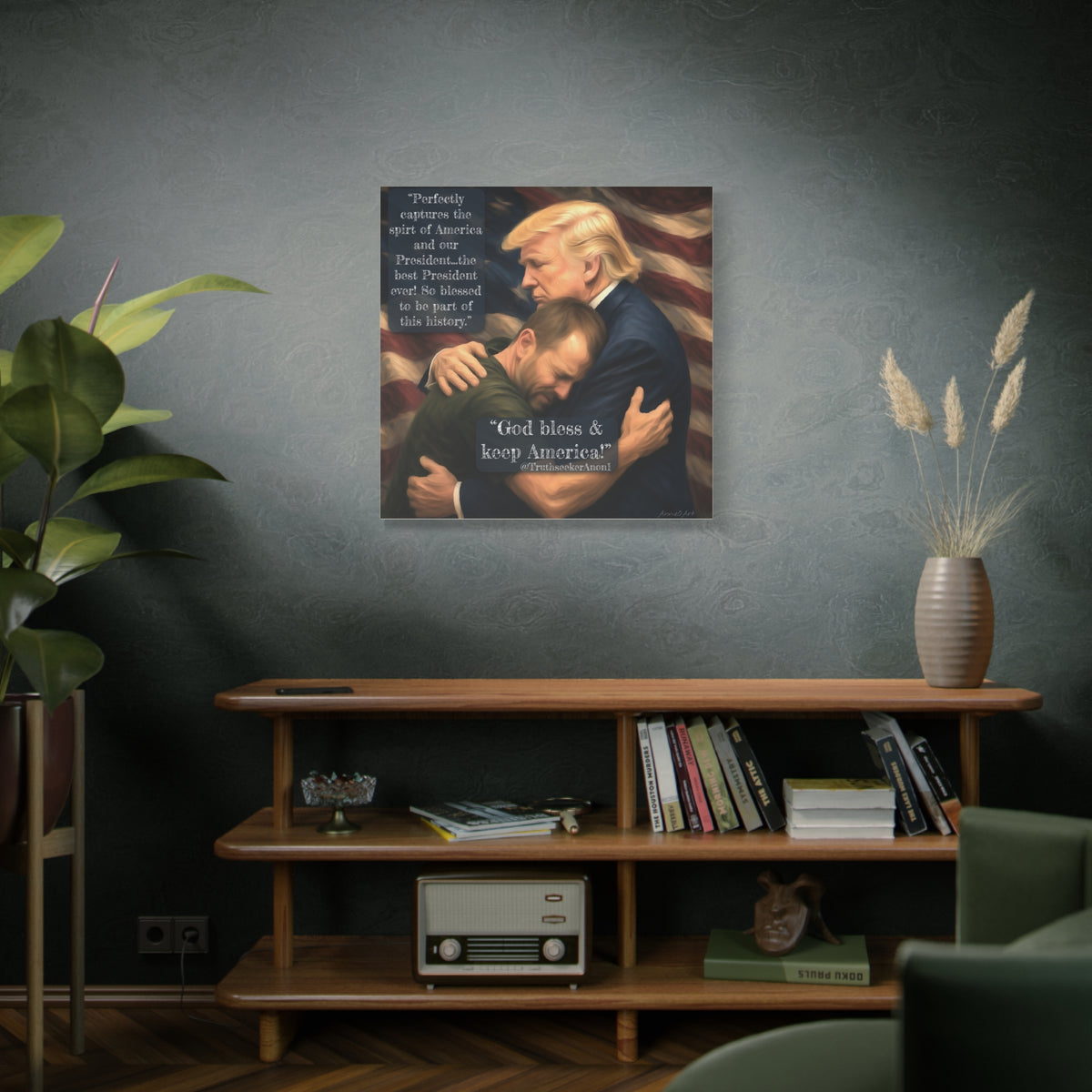 Trump Embrace Patriotic Canvas Wall Art — "God Bless & Keep America"