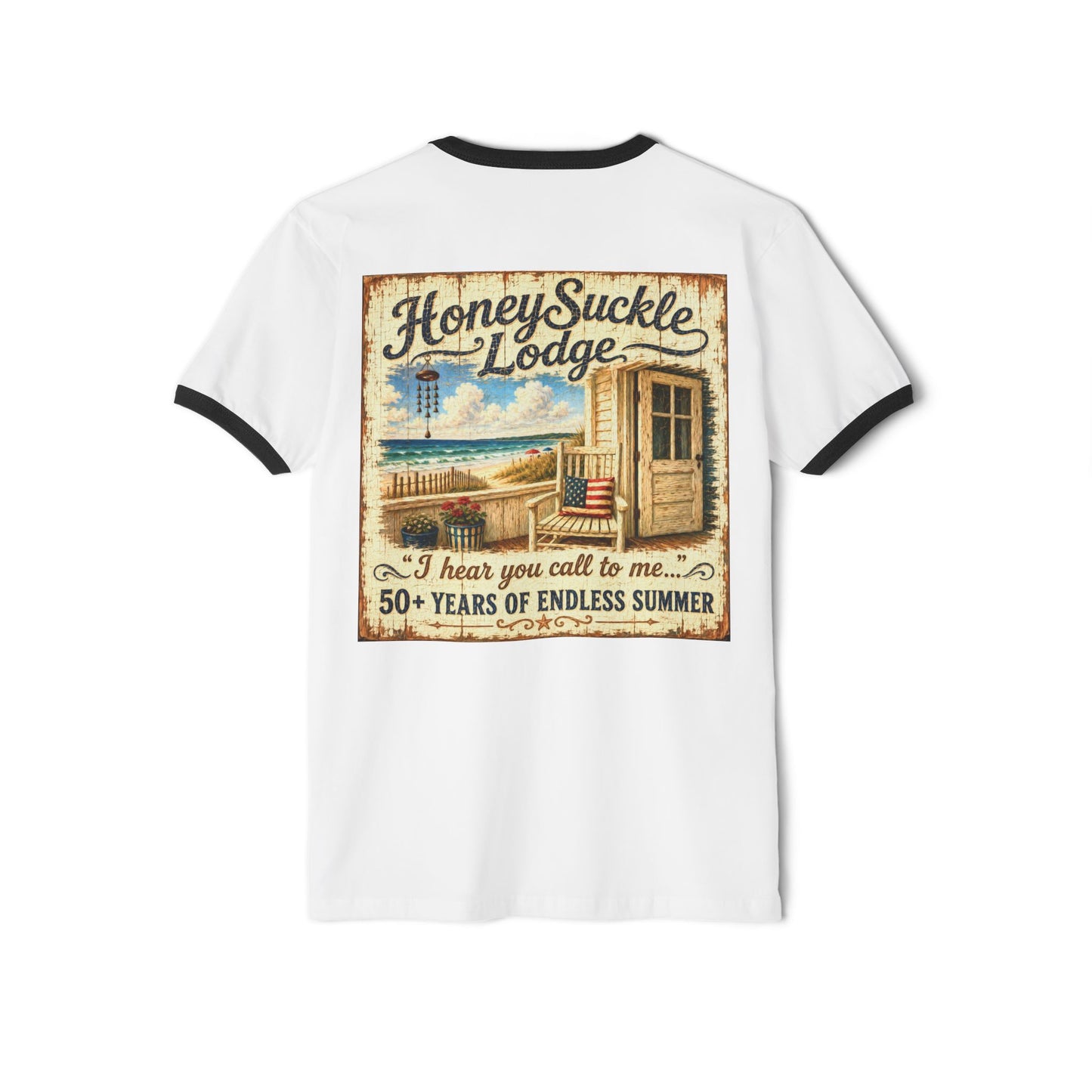 Happy 250th America Ringer T‑Shirt — Honeysuckle Lodge Vintage Beach Graphic