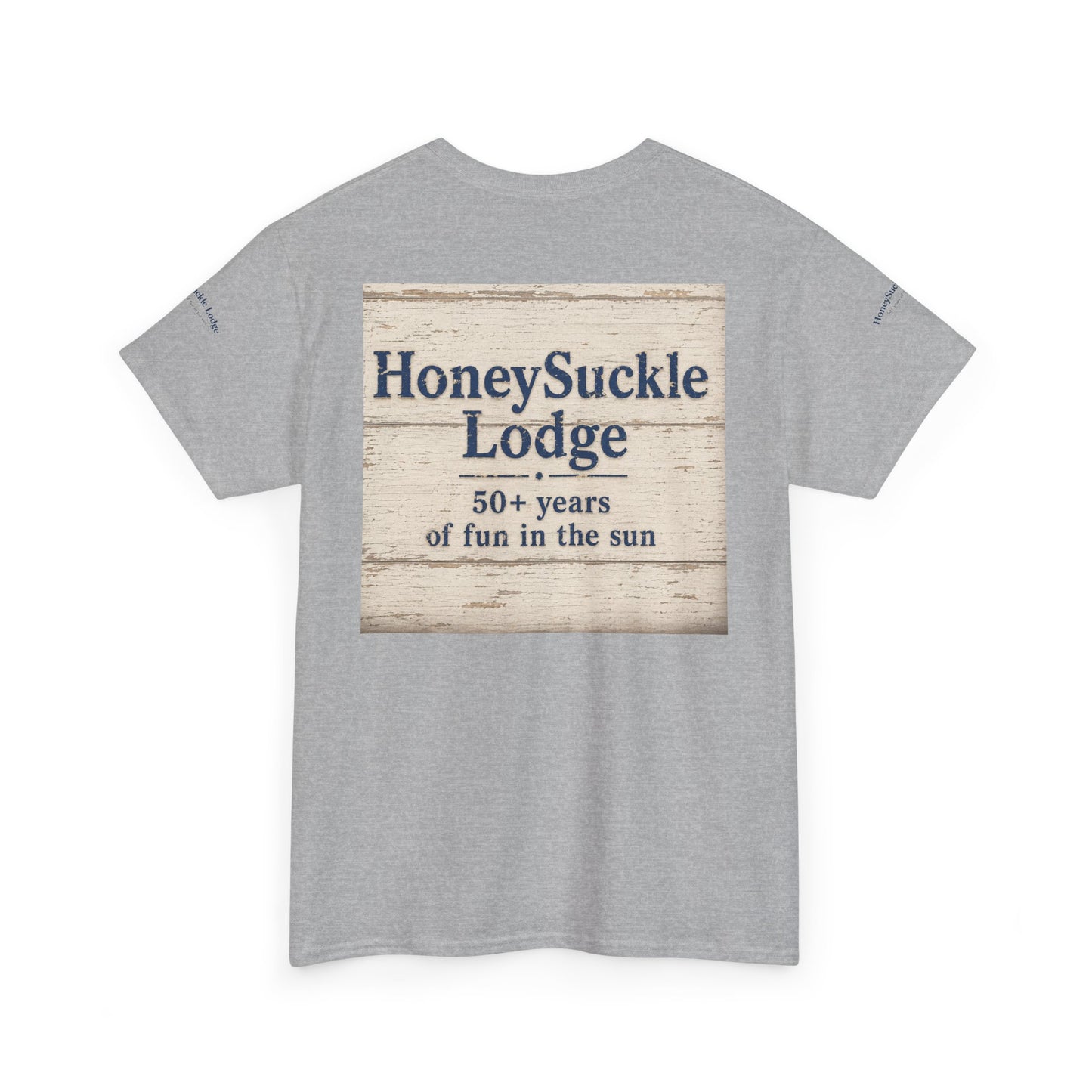 Honeysuckle Lodge Vintage Beach Print tee shirt front/back ("Honeysuckle Lodge - 50+ years of fun in the sun")