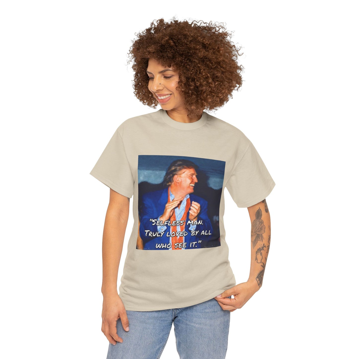 Vintage Portrait Tee with Quote – “Selfless Man, Truly Loved by All Who See It”