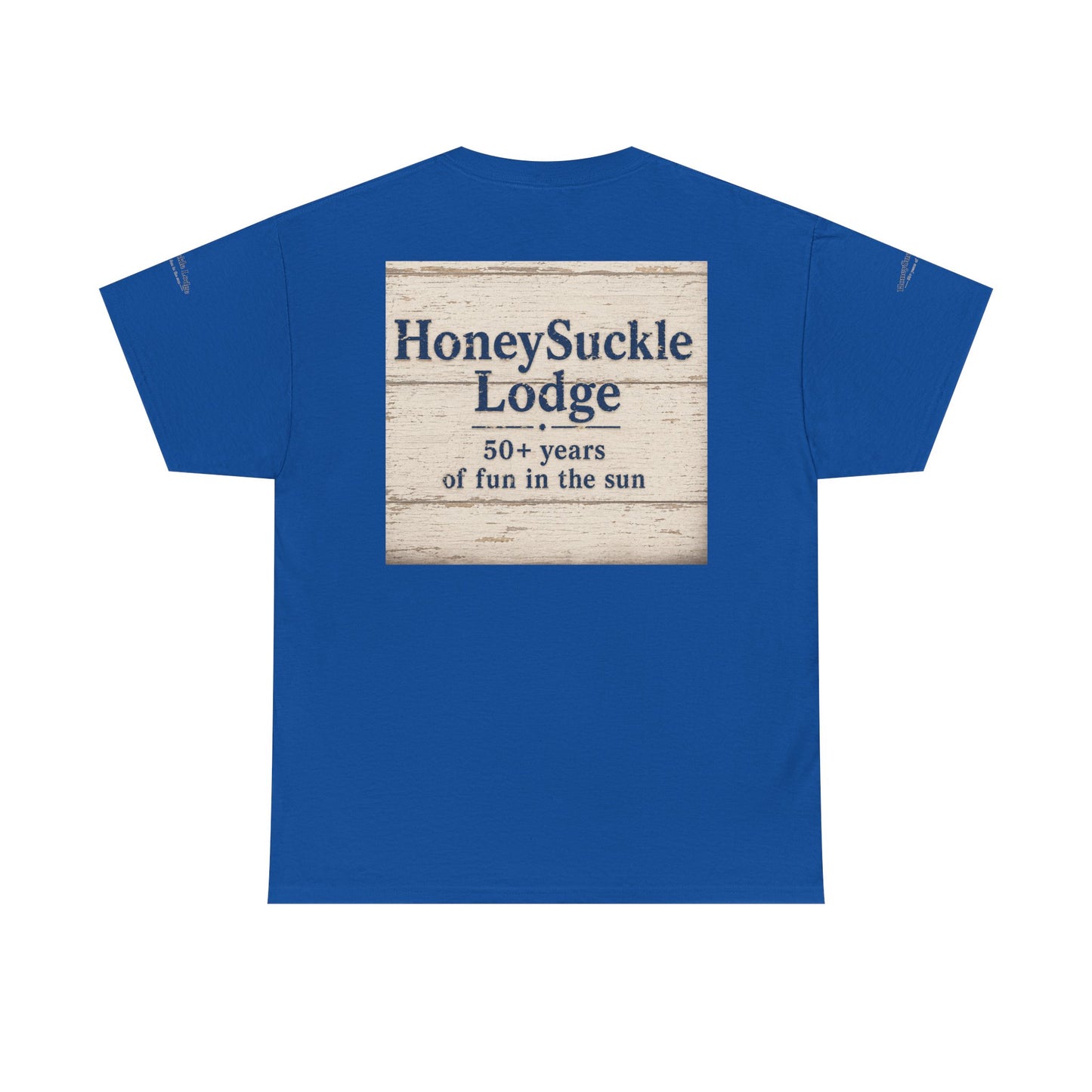 Honeysuckle Lodge Vintage Beach Print tee shirt front/back ("Honeysuckle Lodge - 50+ years of fun in the sun")