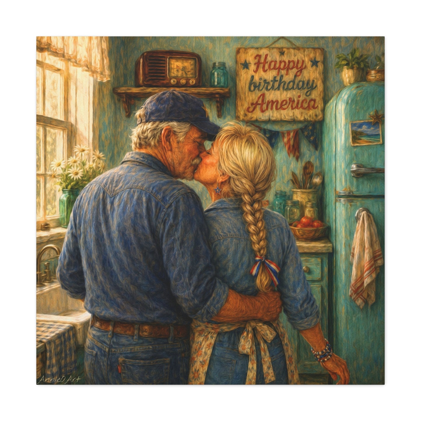 Patriotic Country Kitchen Canvas - "Happy Birthday America" Rustic Couple Wall Art