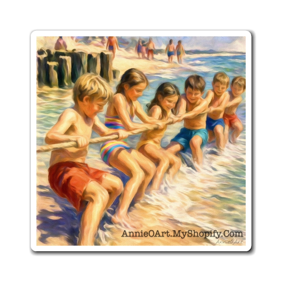 Beach Tug-of-War Magnet — Vintage Kids Playing at Shore Fridge Magnet