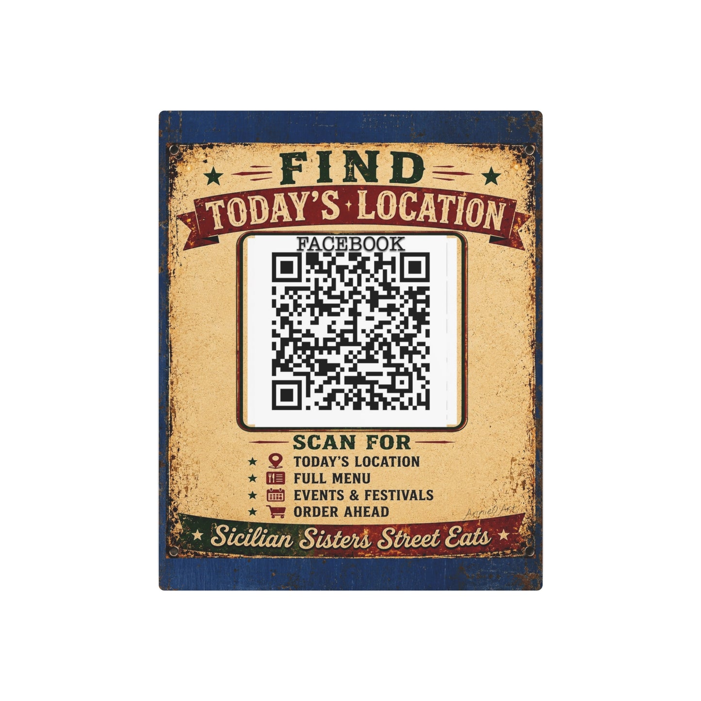 CUSTOM 16x20 for MANDY-Metal Art Sign • Vintage QR Code Menu Poster — Find Today's Location, Scan for Full Menu & Events