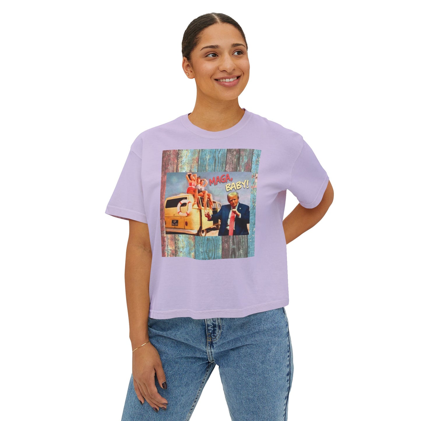 Beach scene w DJT dancing Retro VW van “MAGA, baby!” —Graphic Boxy Tee — Vintage Roadtrip/Rally tee Women's Shirt