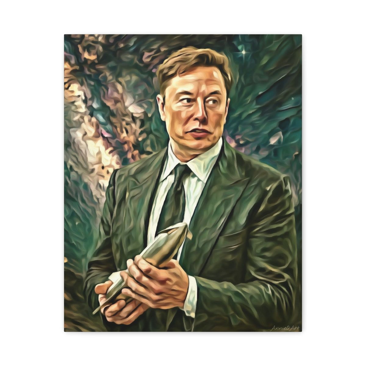 Elon Musk Holding Rocket, Oil-Paint Effect Canvas