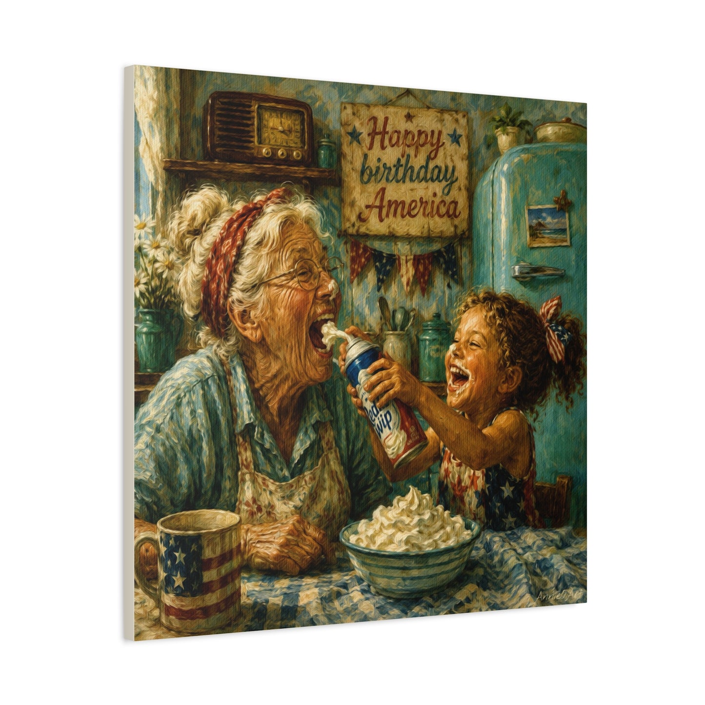 Happy Birthday America Canvas — Patriotic Grandma & Granddaughter Kitchen Wall Art