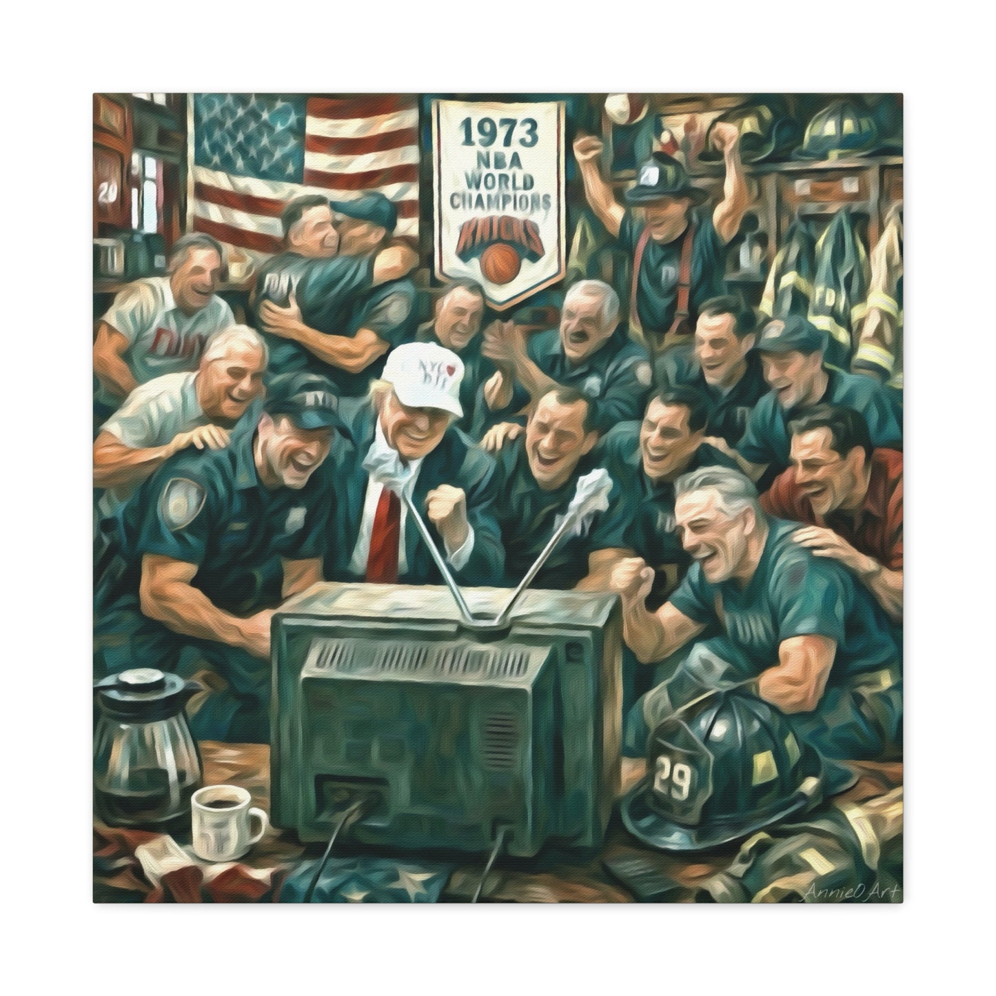 Trump Watching Knicks Game w/ FDNY &NYPD (Knicks 1973 Banner)