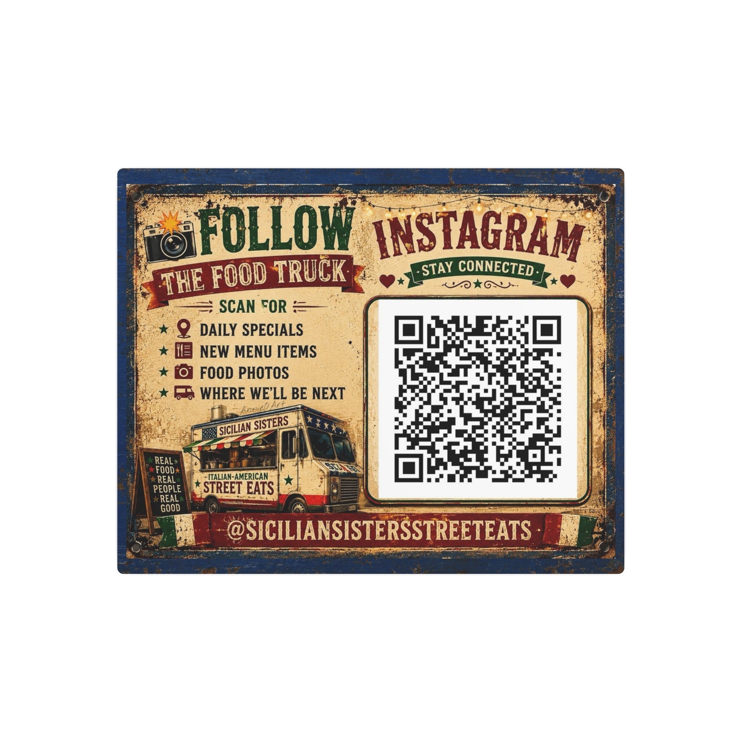 CUSTOM 20x16 w/QR CODE—Metal Art Sign - Vintage Food Truck Instagram QR Promotional Plaque