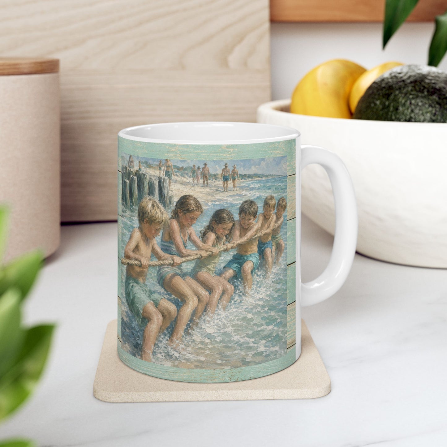 Beach Vintage-style Ceramic Mug – Tug-of-War by the Sea (11oz, 15oz)