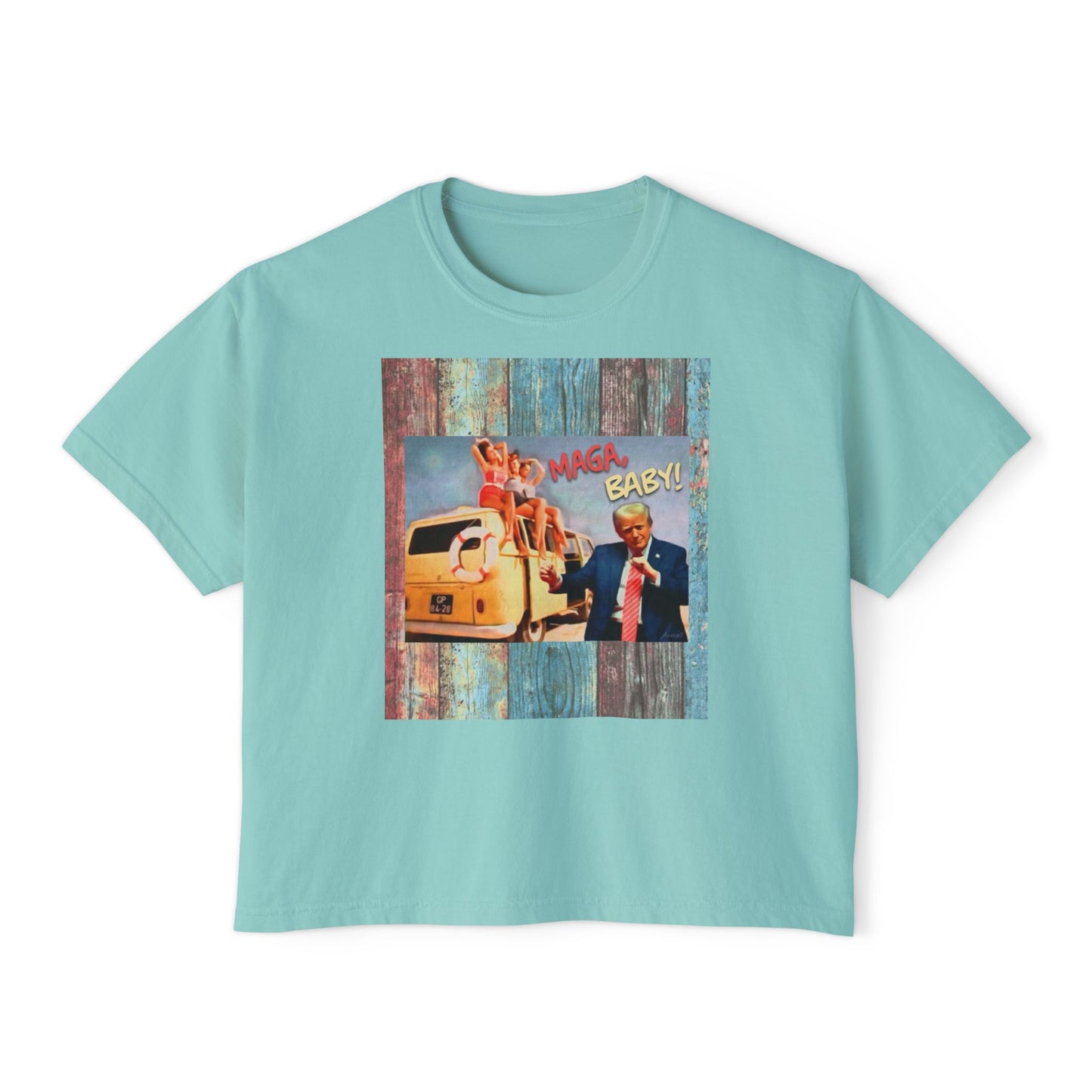 Beach scene w DJT dancing Retro VW van “MAGA, baby!” —Graphic Boxy Tee — Vintage Roadtrip/Rally tee Women's Shirt