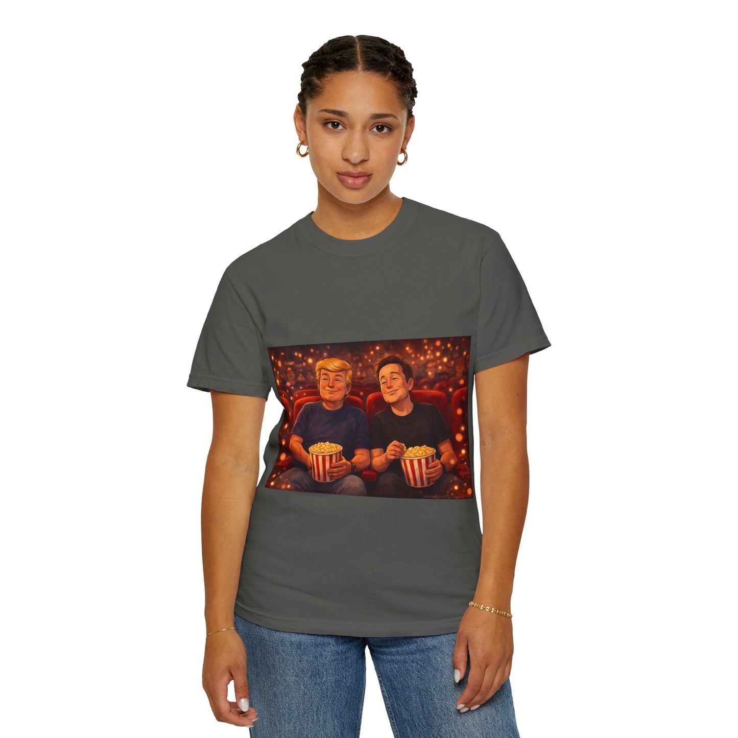 Trump & Elon—Movie Night Popcorn Tee — Cozy Cinematic Graphic T-Shirt