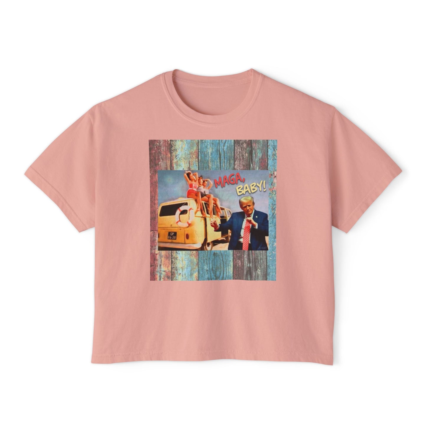 Beach scene w DJT dancing Retro VW van “MAGA, baby!” —Graphic Boxy Tee — Vintage Roadtrip/Rally tee Women's Shirt