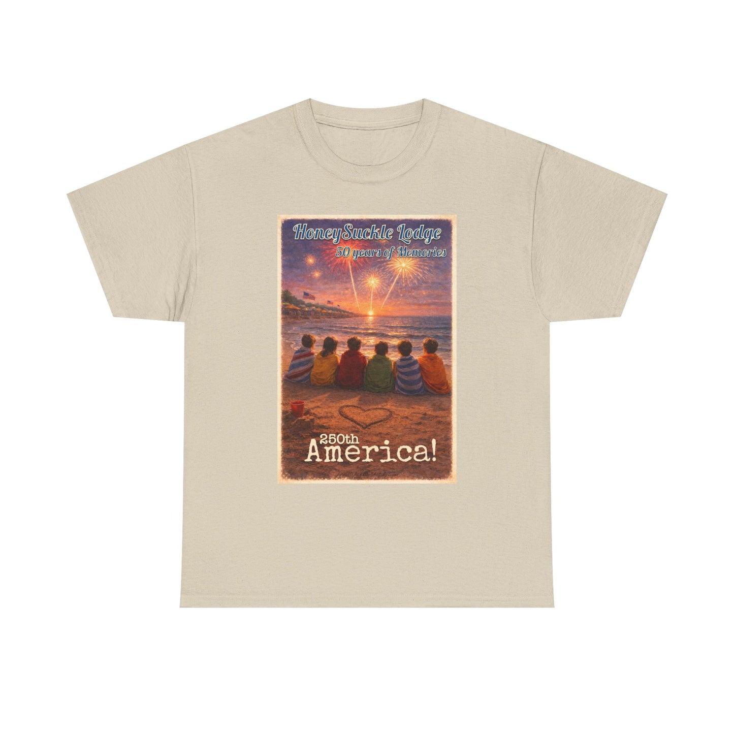 HoneySuckle Lodge 50th—Patriotic Sunset Beach T‑Shirt – 'God Bless America' Vintage Kids Watching Fireworks