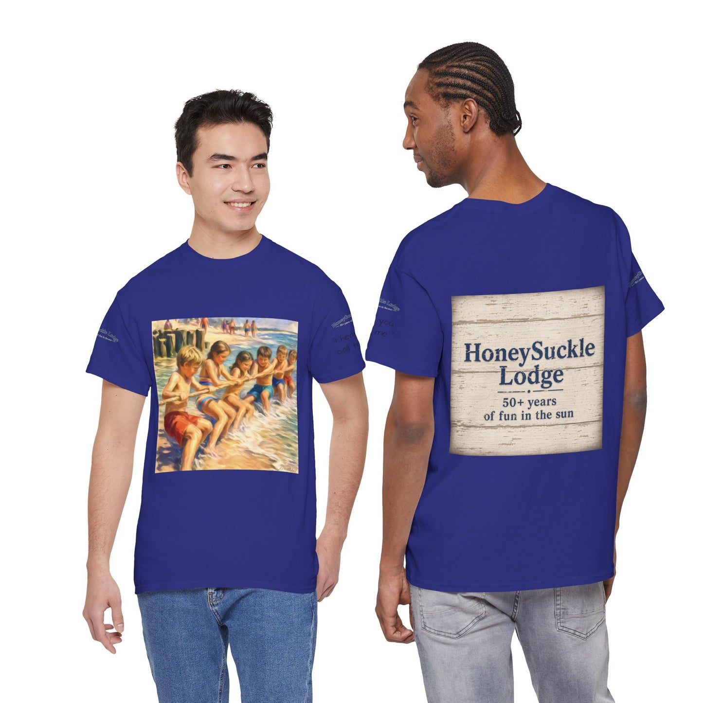 HoneySuckle Lodge Vintage Beach T-Shirt — "50+ years of fun in the sun" Retro Kids on Shore Design