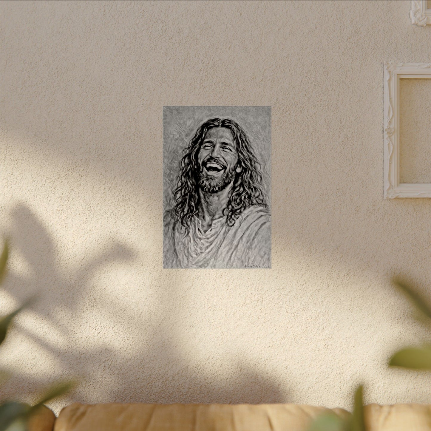 Jesus Laughing Watercolor Poster — Textured Matte Wall Art