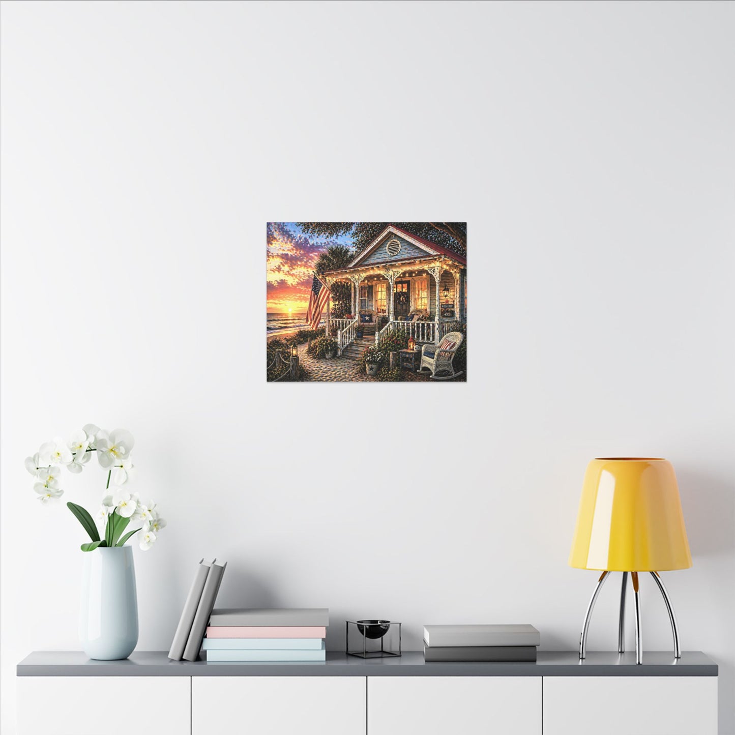 Front Porch America—Patriotic Beach Cottage Canvas Wall Art — Sunset Porch Scene