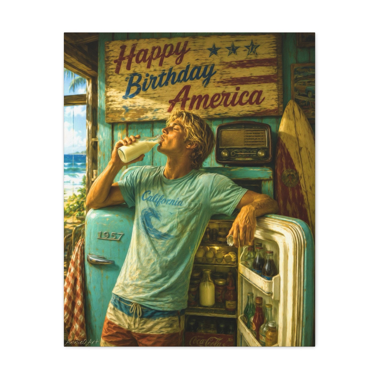 Happy Birthday America Canvas Wall Art — Retro Beach Guy Patriotic Home Decor