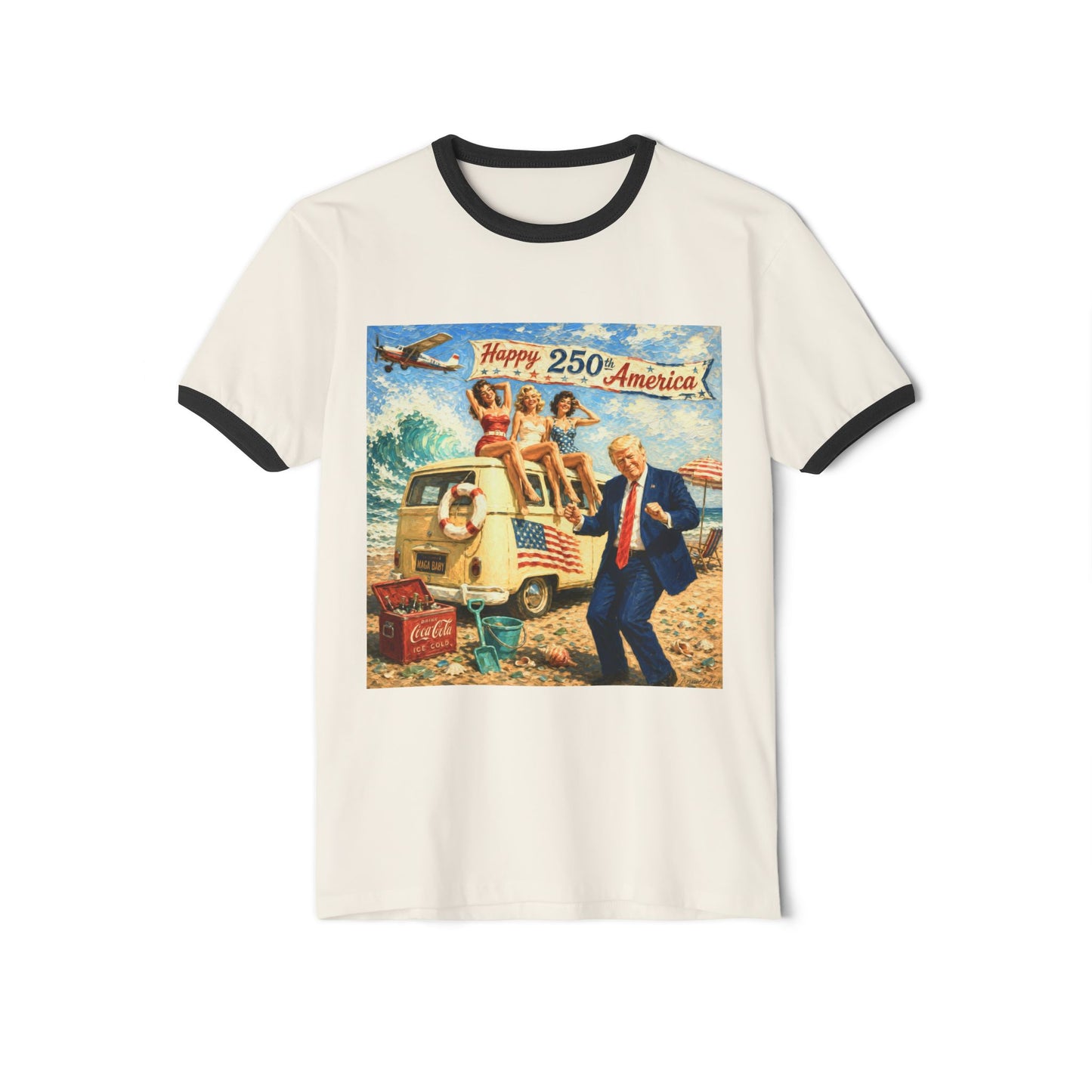 Trump Retro Patriotic Ringer T-Shirt — "Happy 250 America" Vintage Beach Scene
