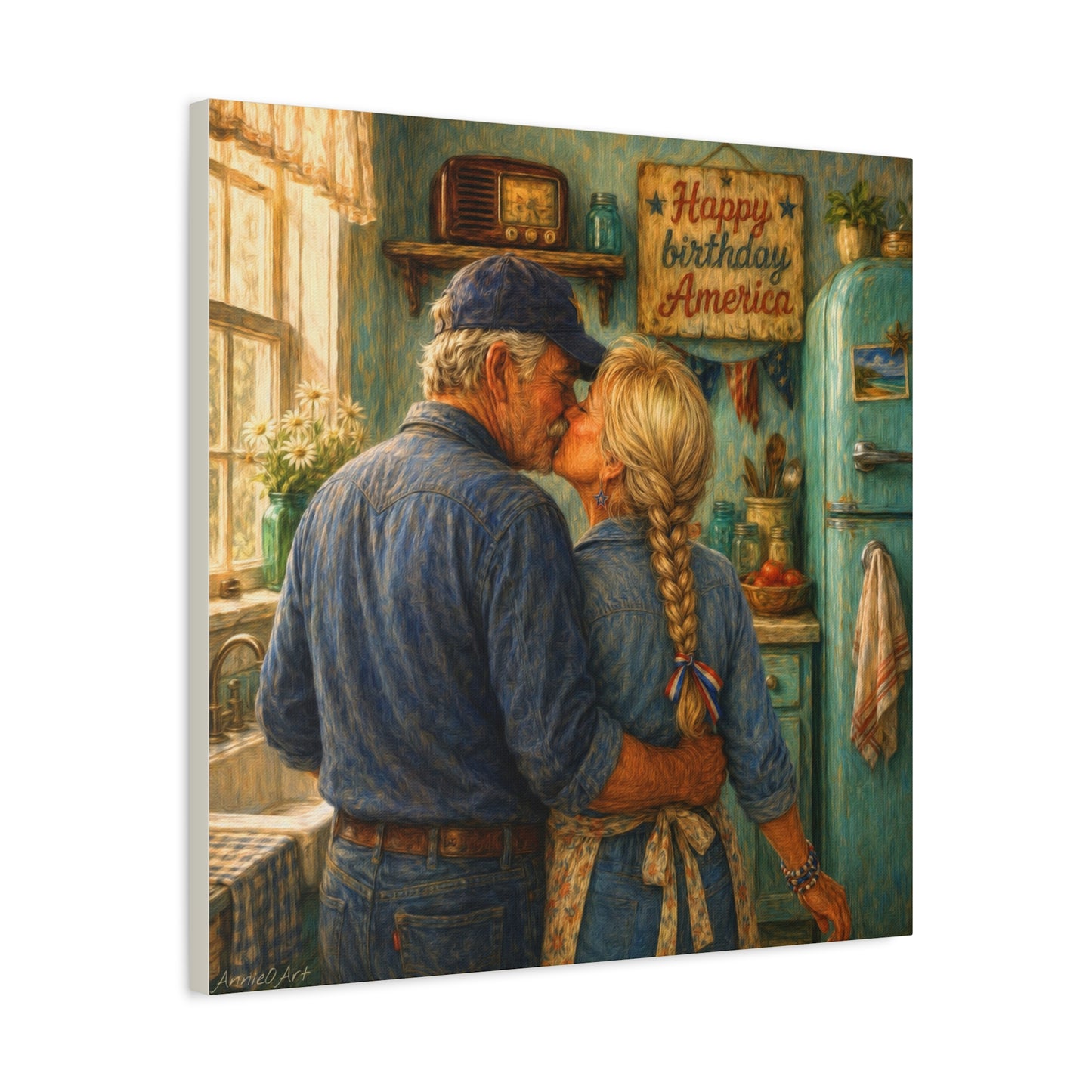 Patriotic Kitchen Romance Canvas Wall Art — "Happy Birthday America" Stretched Matte Print
