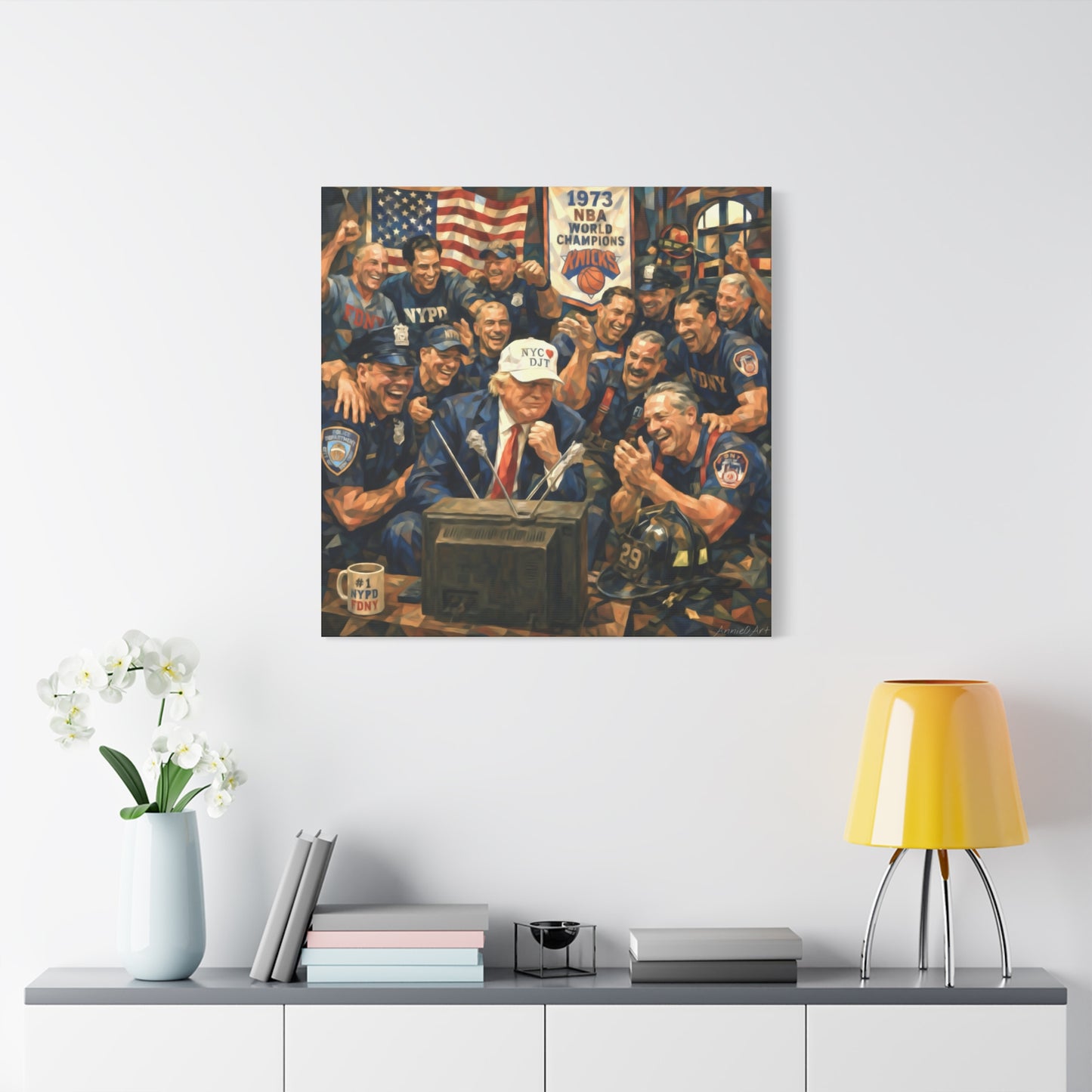 Trump Patriotic NYC Firefighters  Matte Stretched Canvas — Vintage NYPD Tribute Wall Art