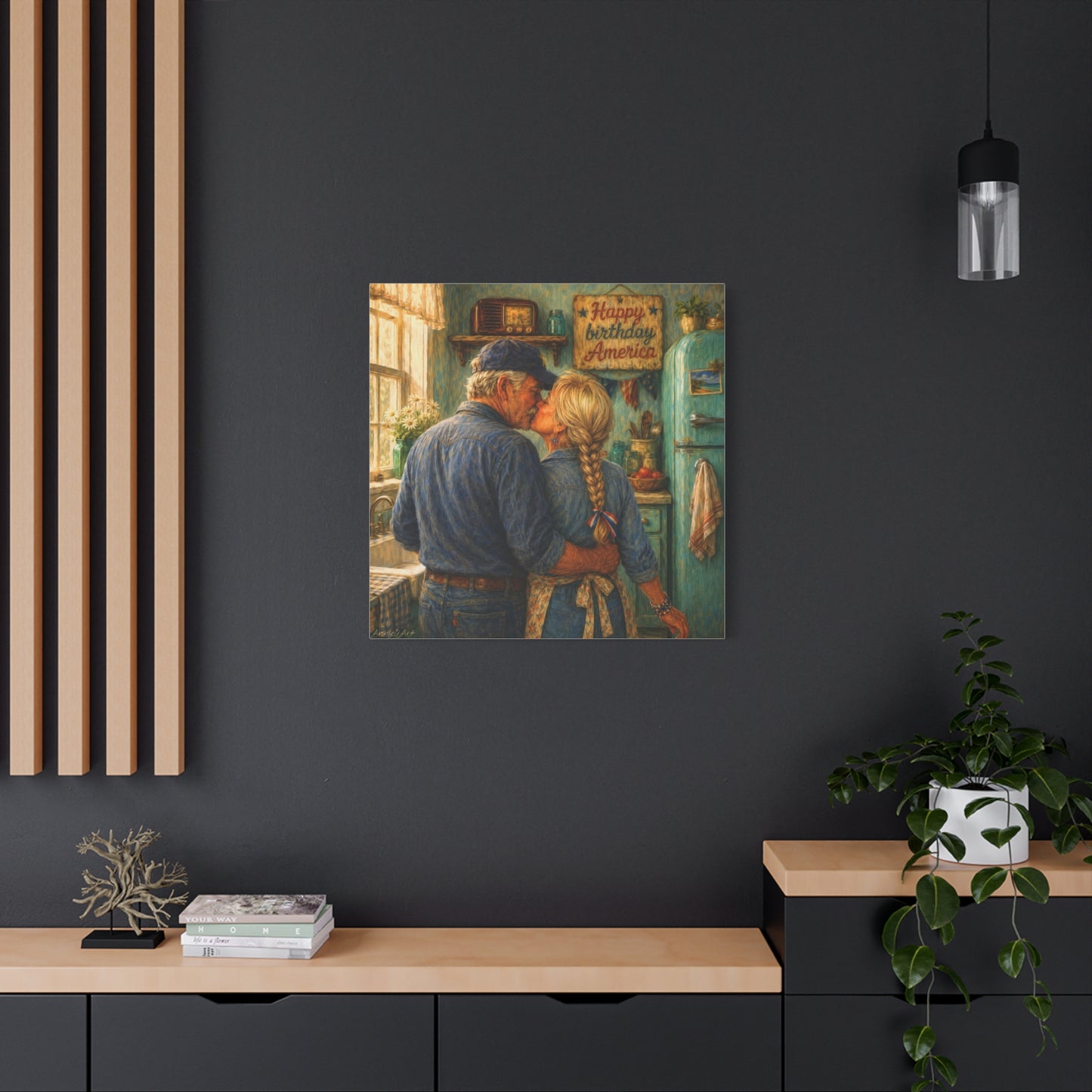 Patriotic Country Kitchen Canvas - "Happy Birthday America" Rustic Couple Wall Art