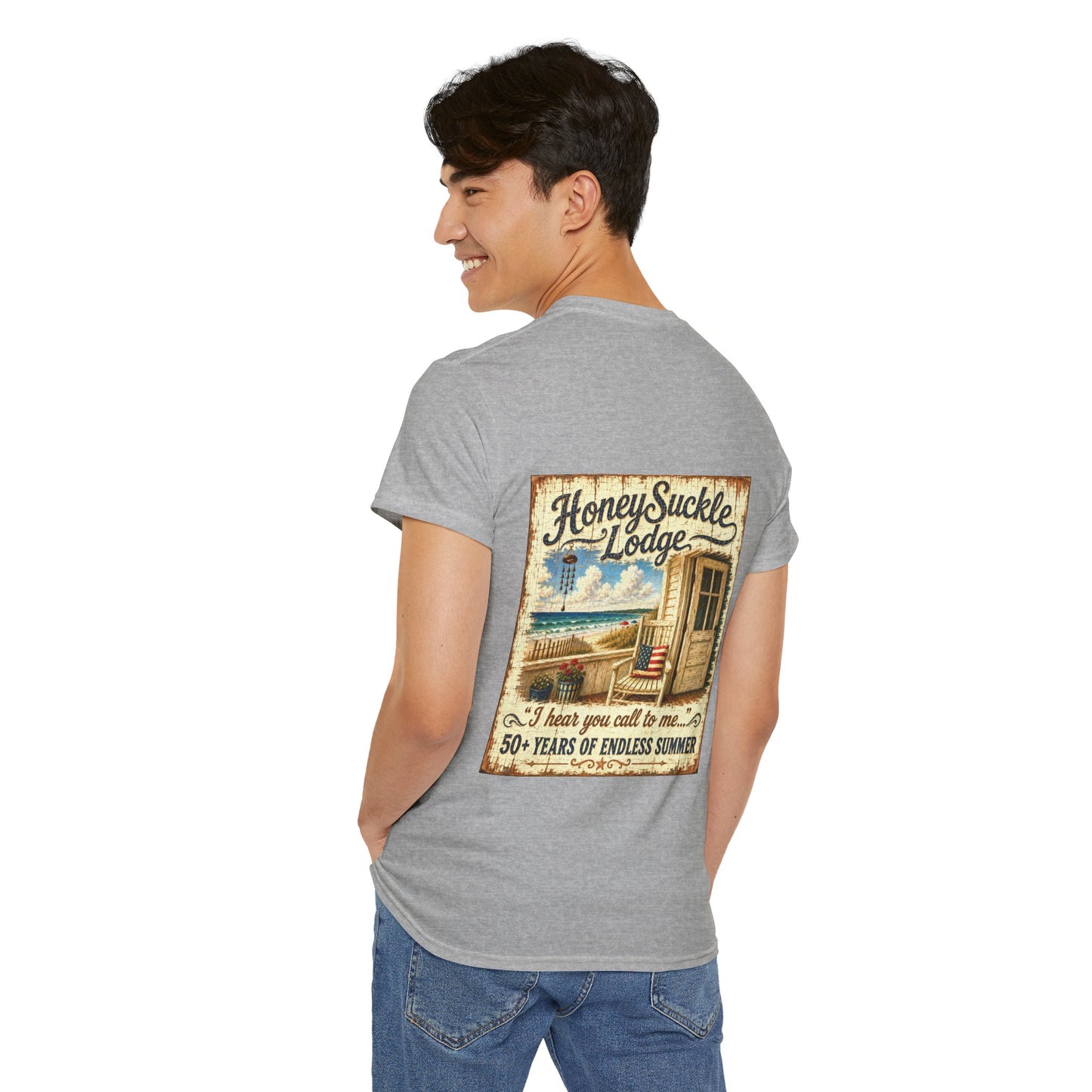 Vintage Beach T‑Shirt — 'Honeysuckle Lodge: 50+ Years of Endless Summer' Retro Seaside Tee