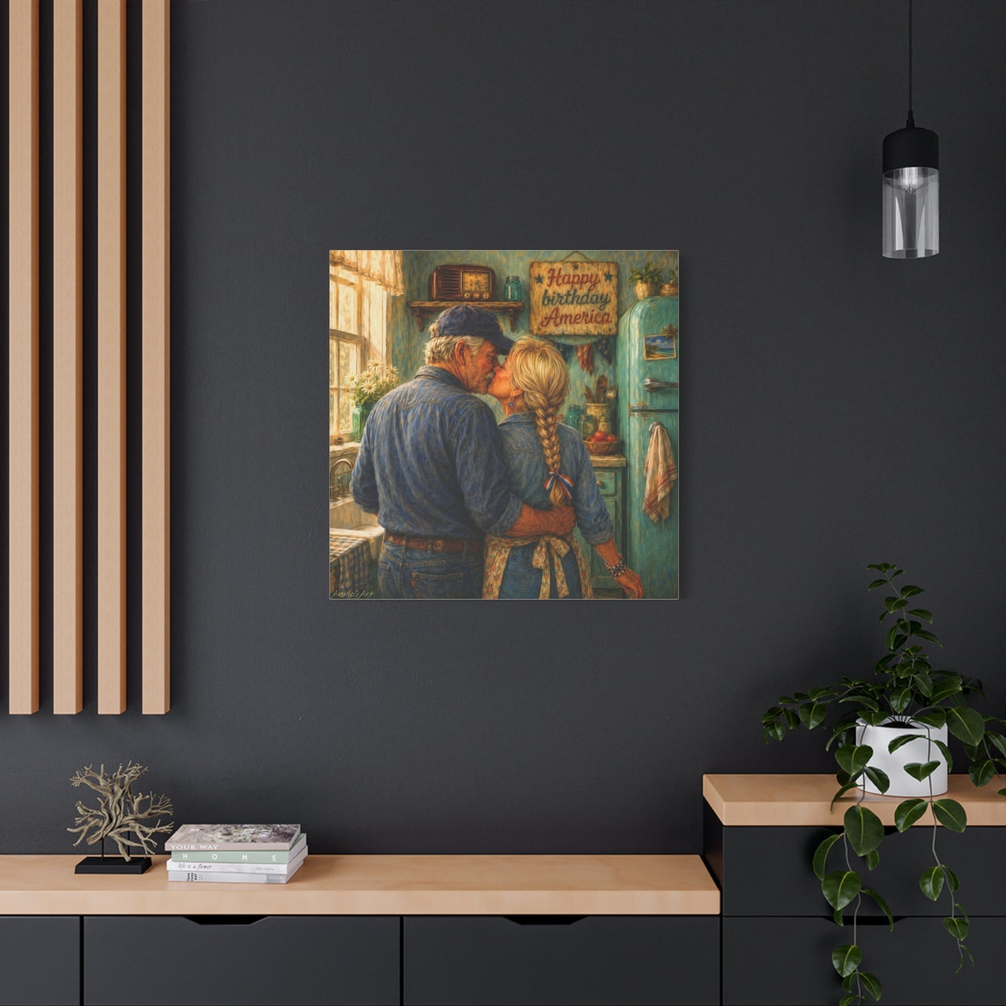 Patriotic Kitchen Romance Canvas Wall Art — "Happy Birthday America" Stretched Matte Print