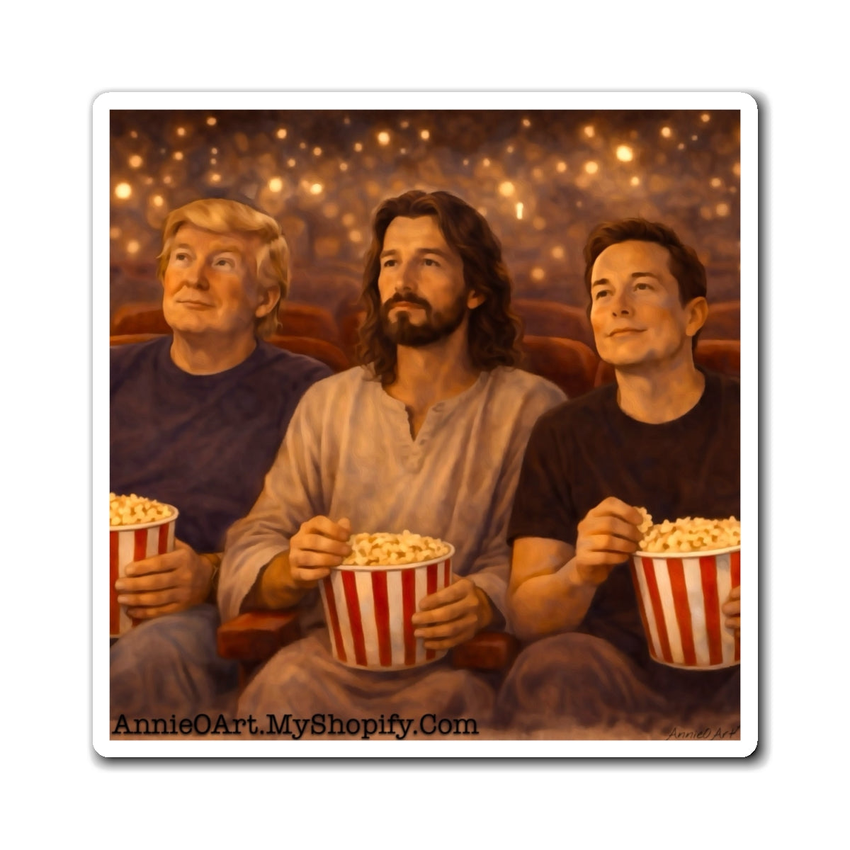 Jesus, Trump & Elon Popcorn Movie Night Fridge Magnet