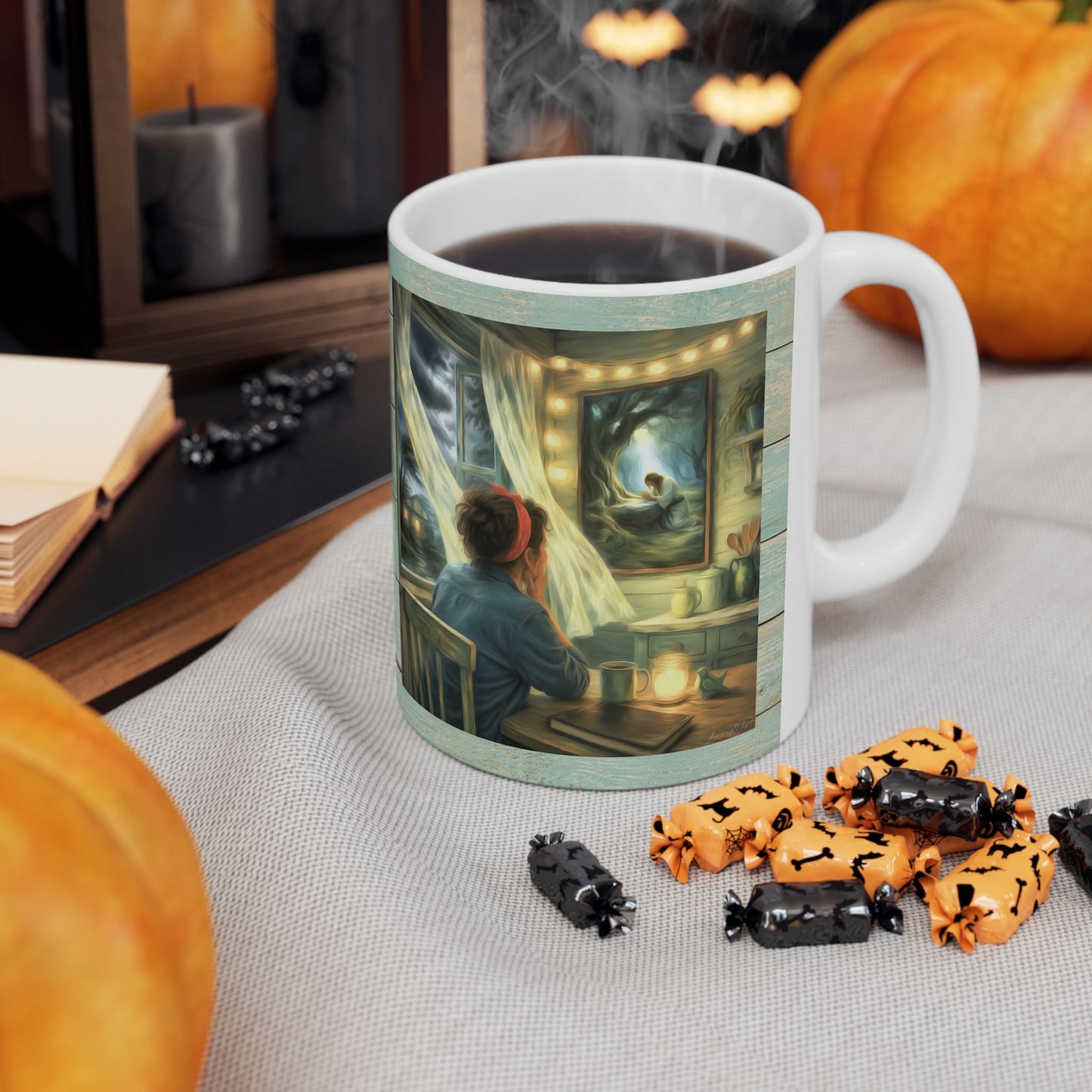 Meditating with Jesus Ceramic Mug — Cottage Nighttime Coffee Cup (11oz)