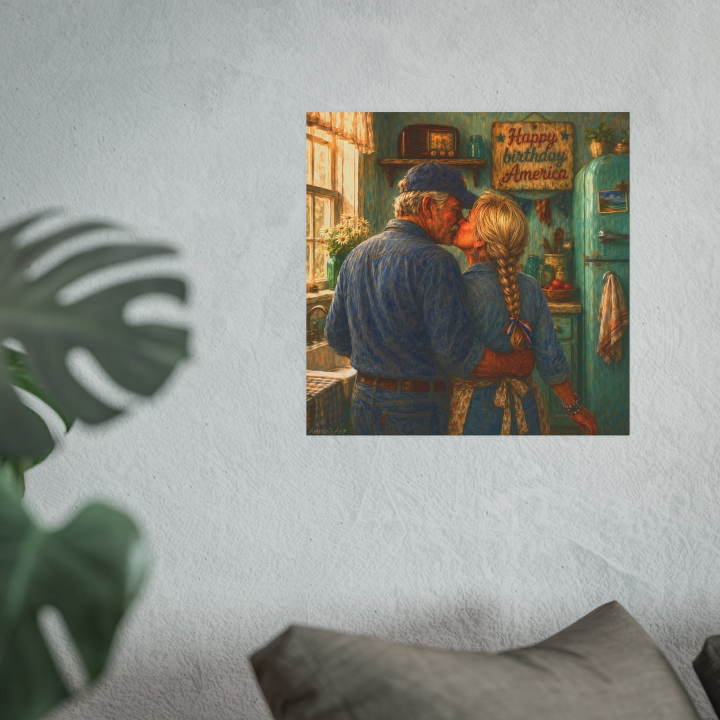 Romantic Country Kitchen Poster — Vintage Couple Kissing Satin/Matte Art Print