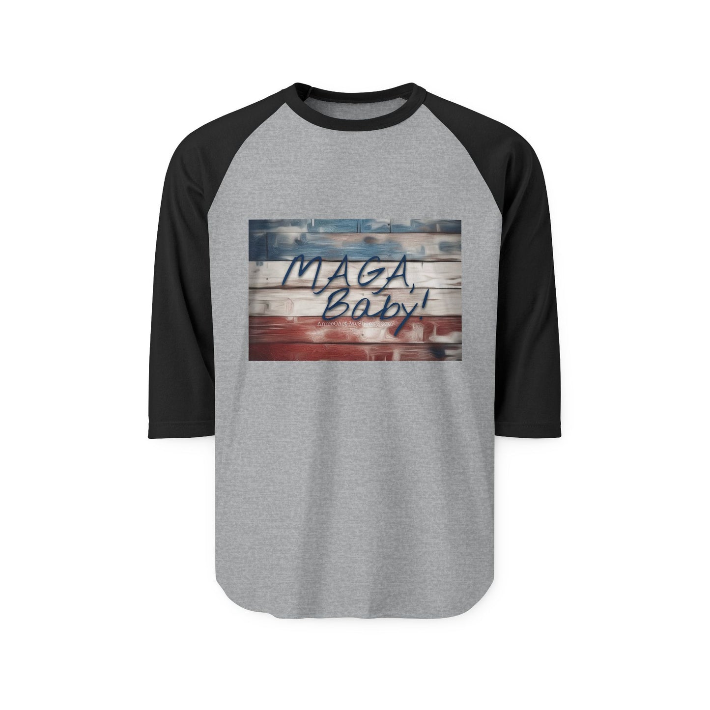 Raglan Shirt — "MAGA Baby" Distressed American Flag Baseball Tee