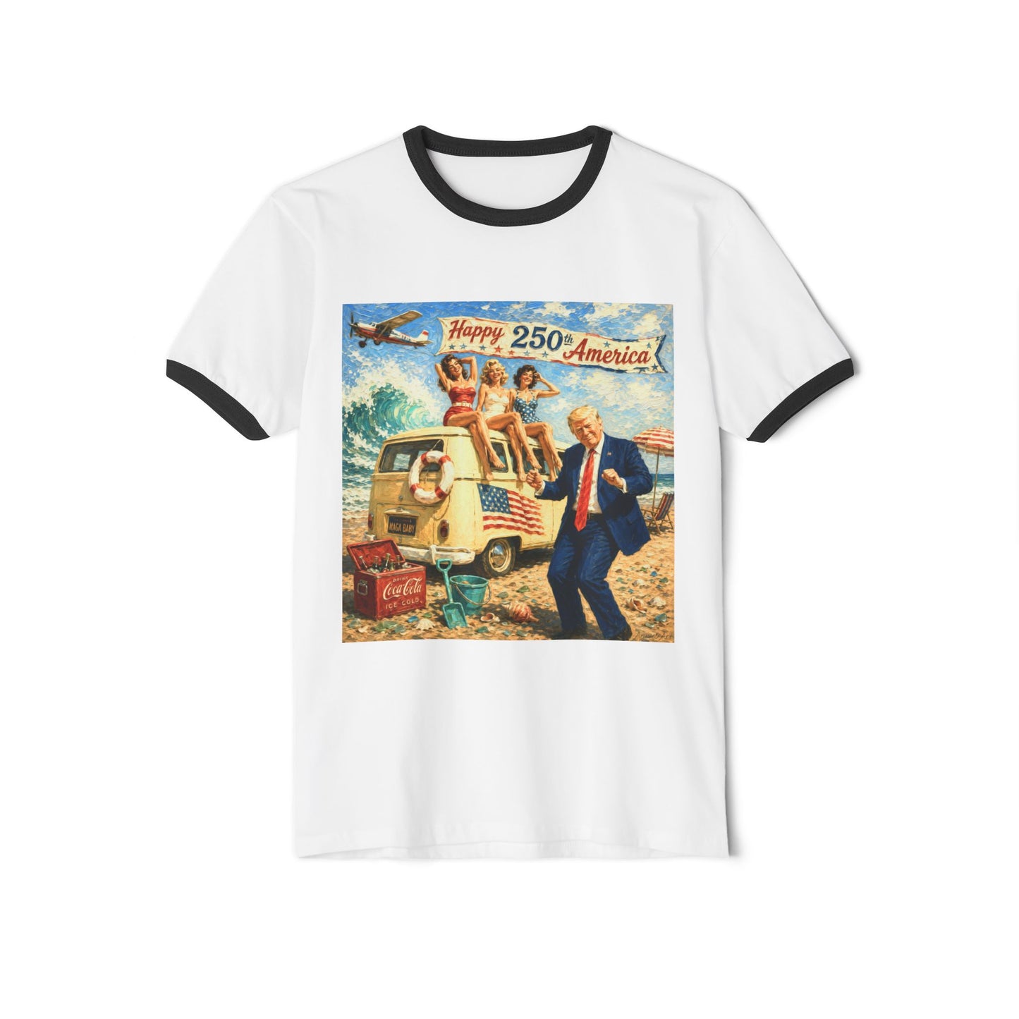 Trump Retro Patriotic Ringer T-Shirt — "Happy 250 America" Vintage Beach Scene